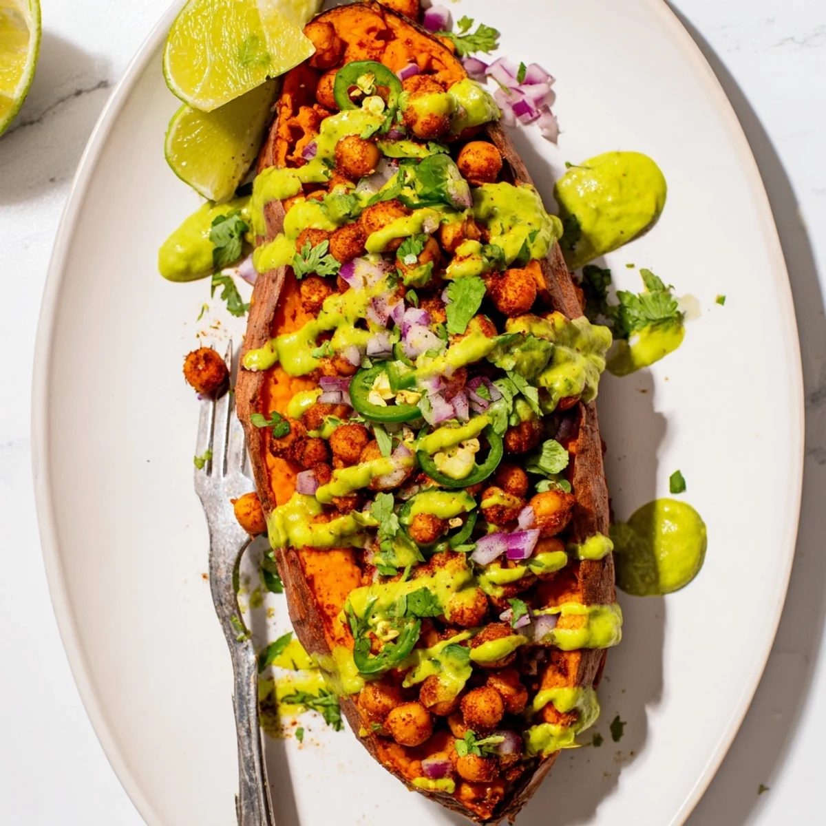 A hearty Vegan BBQ Chickpea Sweet Potatoes dish topped with colorful garnishes and vegan sour cream.