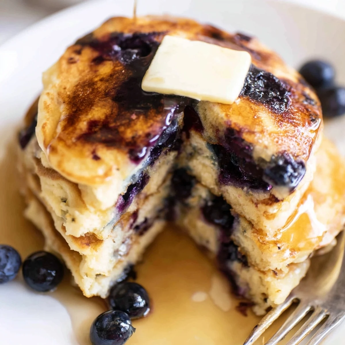 Fluffy Greek Yogurt Blueberry Pancakes topped with warm maple syrup and fresh blueberries on a white plate.