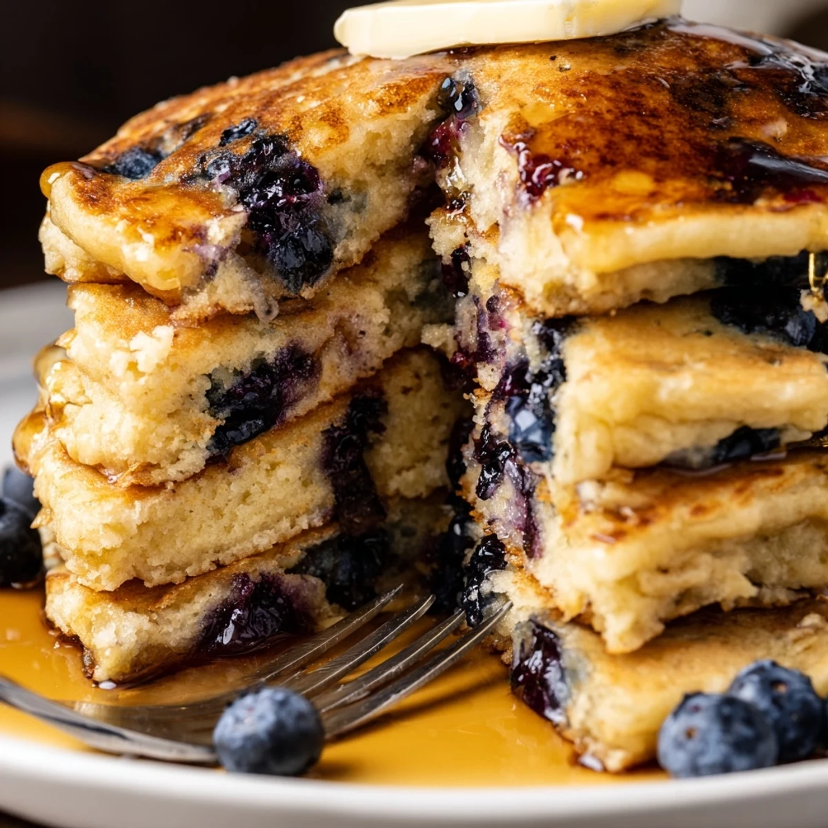 Stack of fluffy Greek Yogurt Blueberry Pancakes showing juicy berries inside, served for a cozy breakfast.