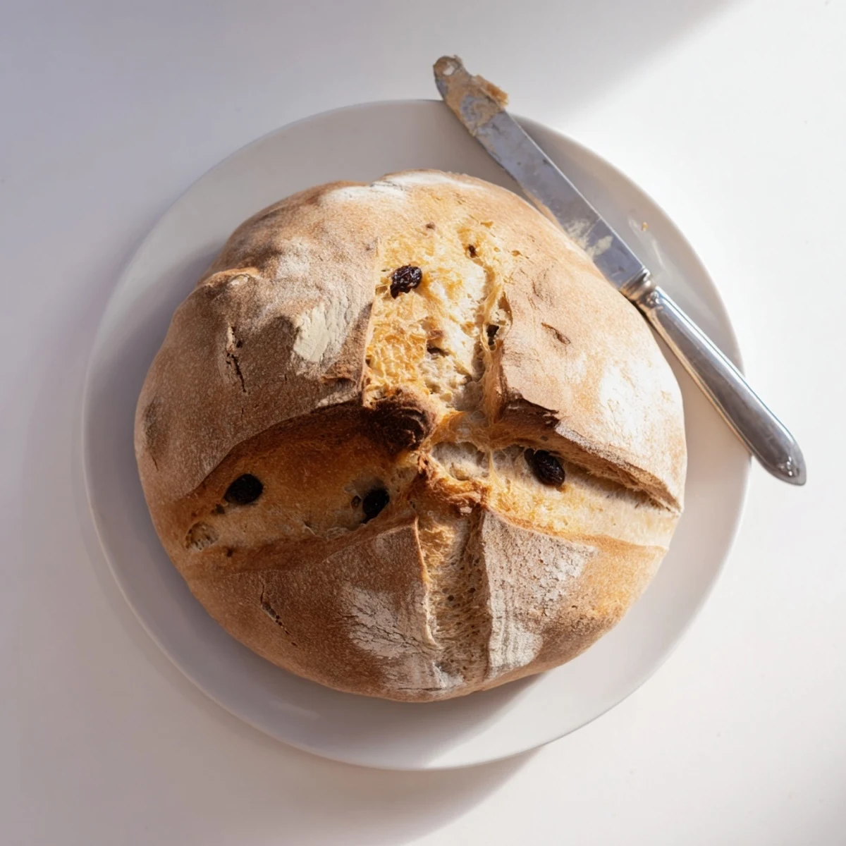 A warm loaf of Cinnamon Raisin Artisan Bread cooling on a wooden board, with visible swirls of cinnamon and plump, sweet raisins.