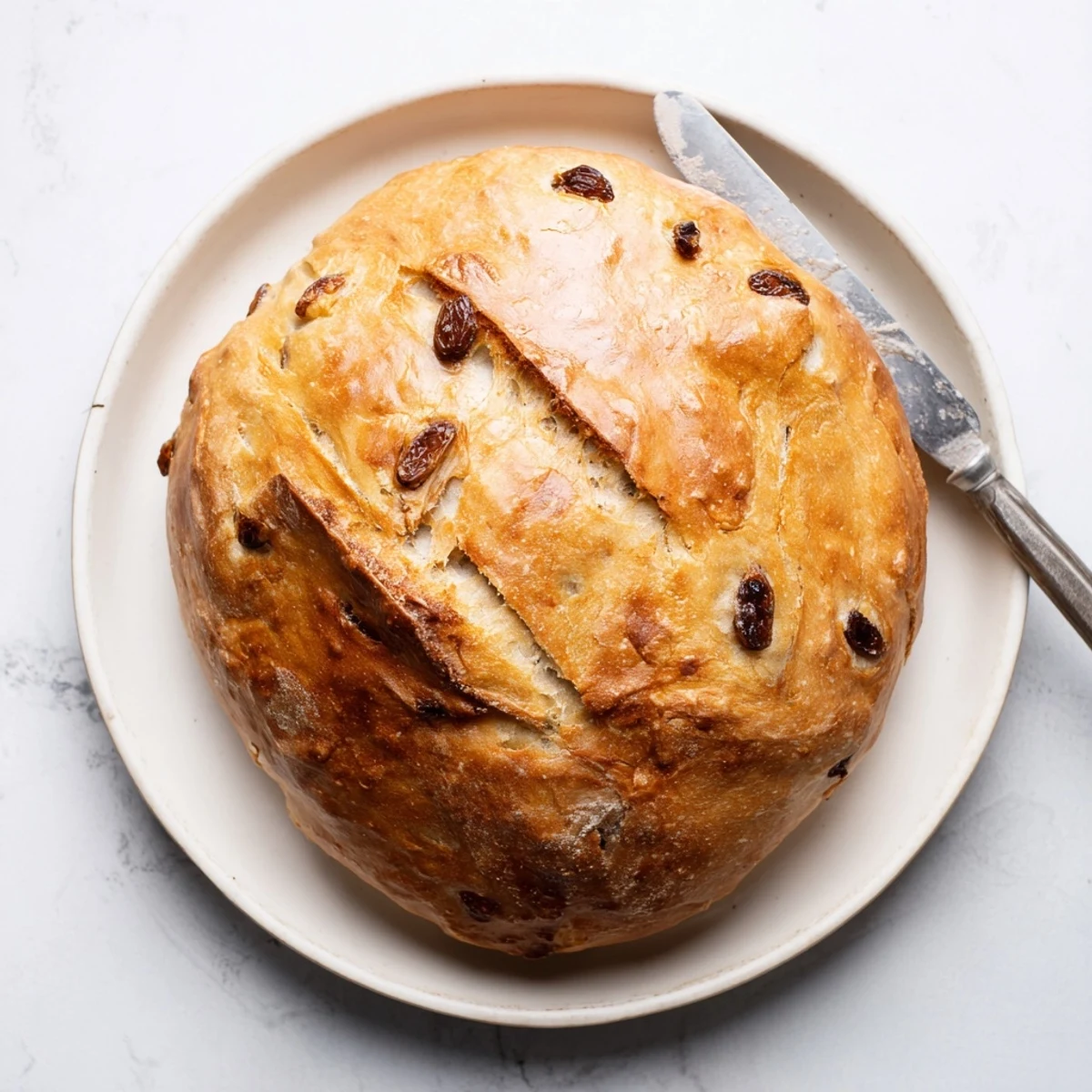 Sliced Cinnamon Raisin Artisan Bread showing a soft, fluffy crumb studded with raisins, ready to be served with butter and coffee.
