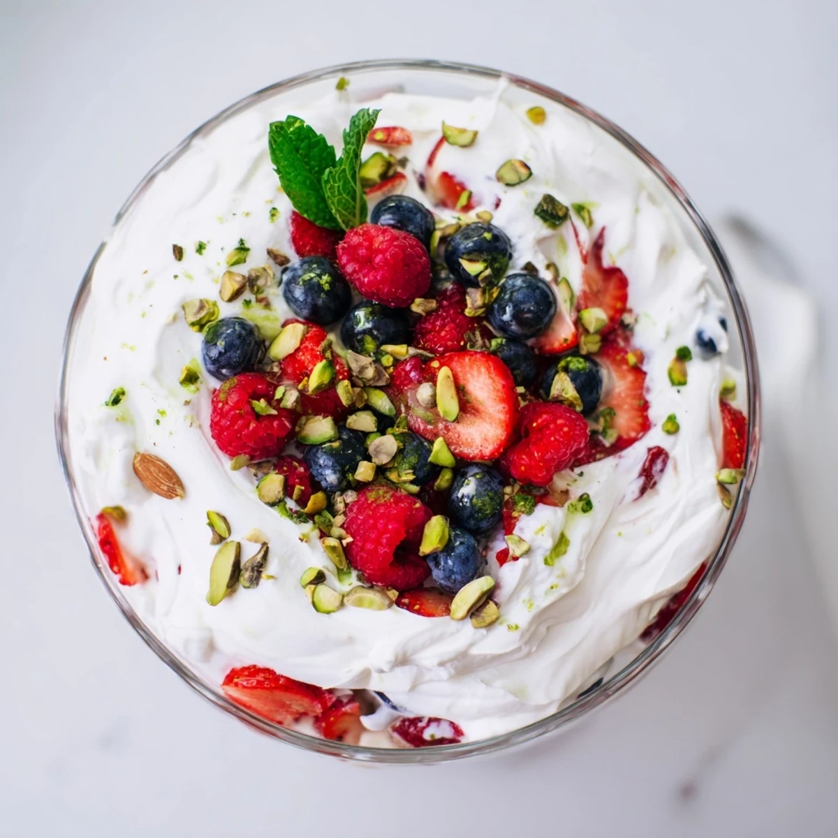 Fluffy Yogurt Cloud Dessert with Berries and Cream layered in a glass with fresh berries and a dollop of cream.