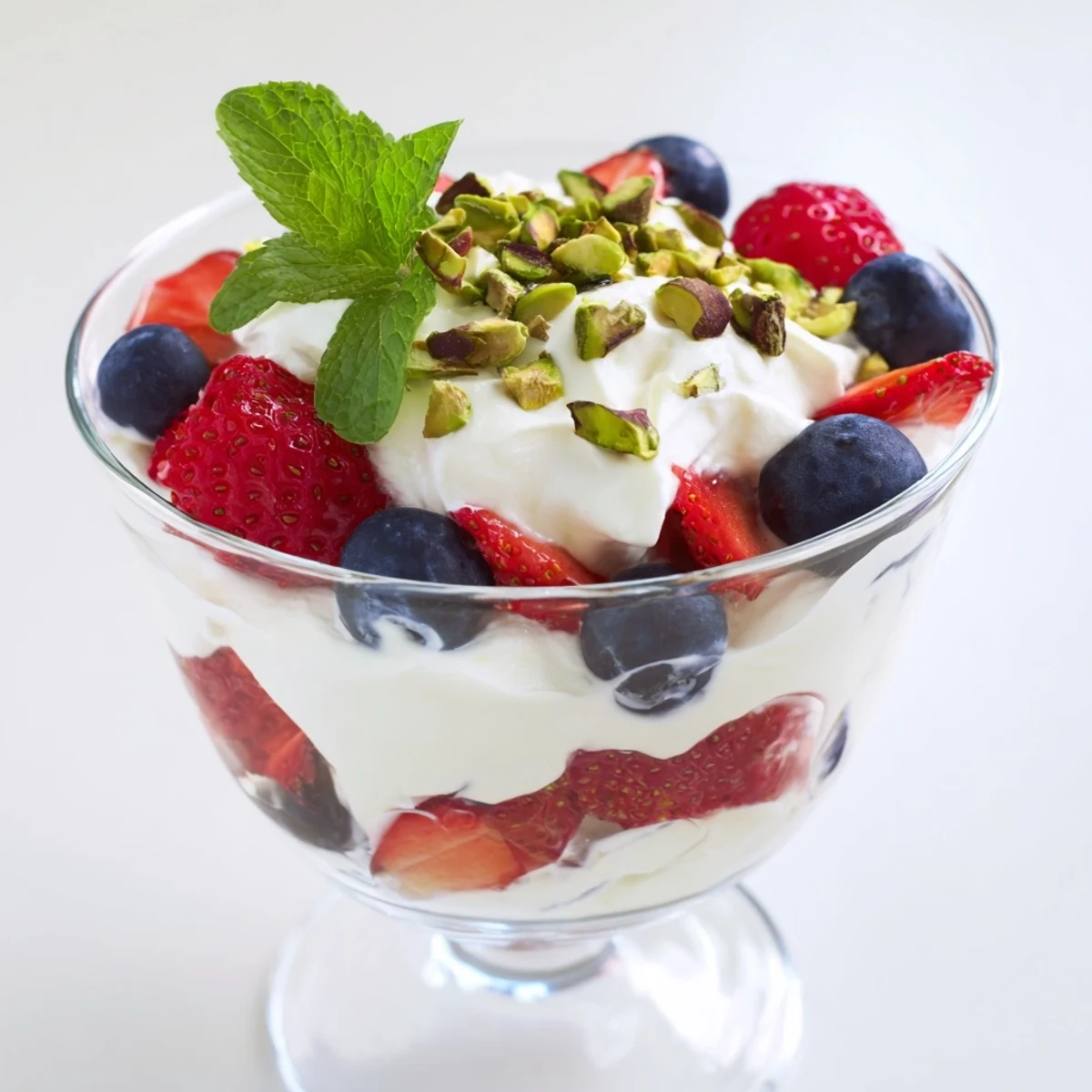 Fluffy Yogurt Cloud Dessert with Berries and Cream topped with mint leaves and nuts, served chilled in elegant dessert glasses.