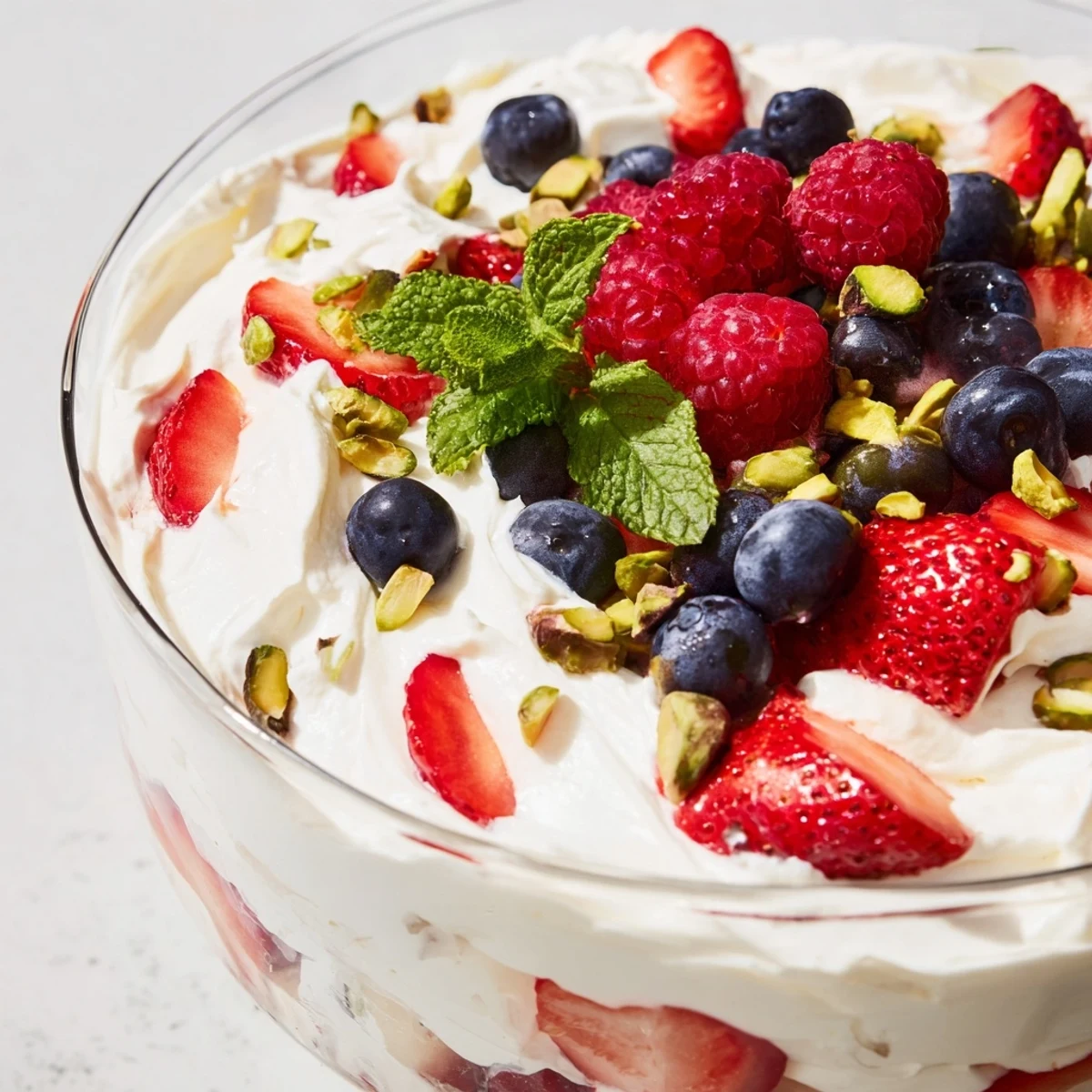 A spoonful of Fluffy Yogurt Cloud Dessert with Berries and Cream, revealing creamy texture and mixed berries in a rustic bowl.
