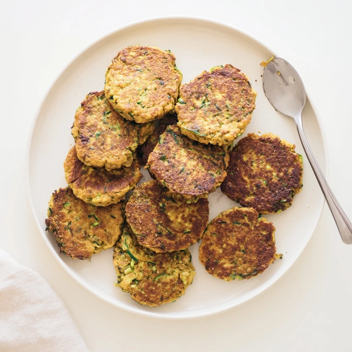Freshly fried Chickpea Zucchini Fritters garnished with parsley and a slice of lemon.