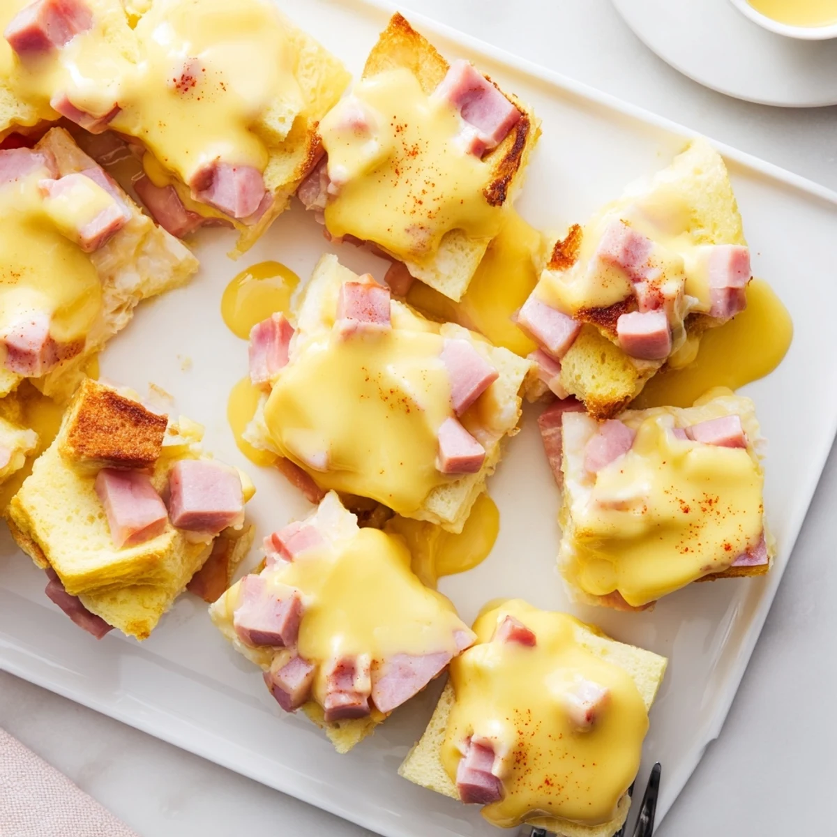 Golden-brown Eggs Benedict Casserole with muffin base, Canadian bacon, and silky hollandaise sauce.