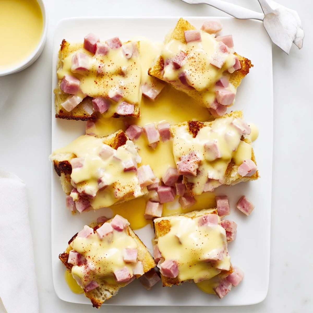 A slice of Eggs Benedict Casserole sits ready to serve, perfect for a crowd-pleasing brunch.