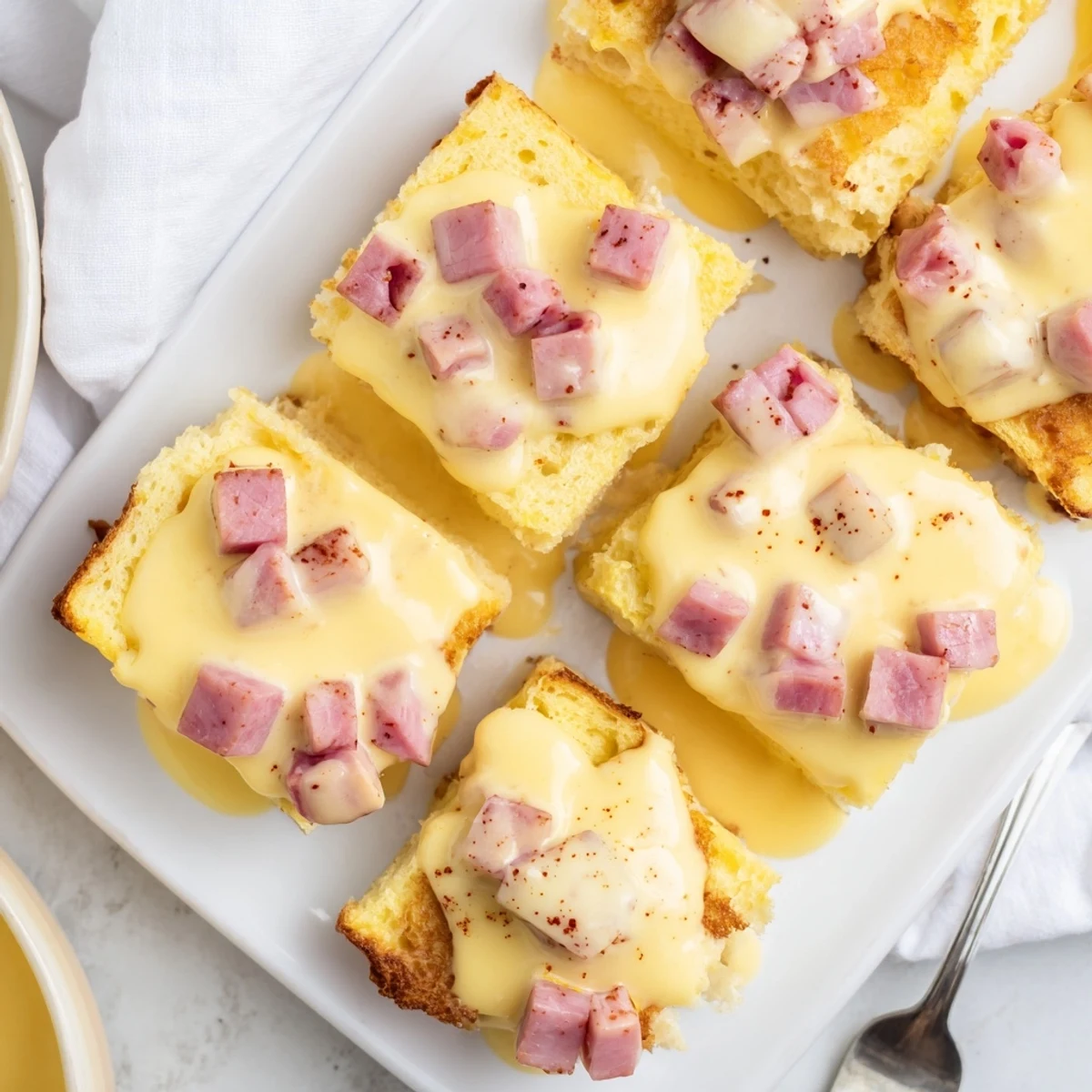Homemade Eggs Benedict Casserole features layers of English muffin, savory bacon, and rich hollandaise.