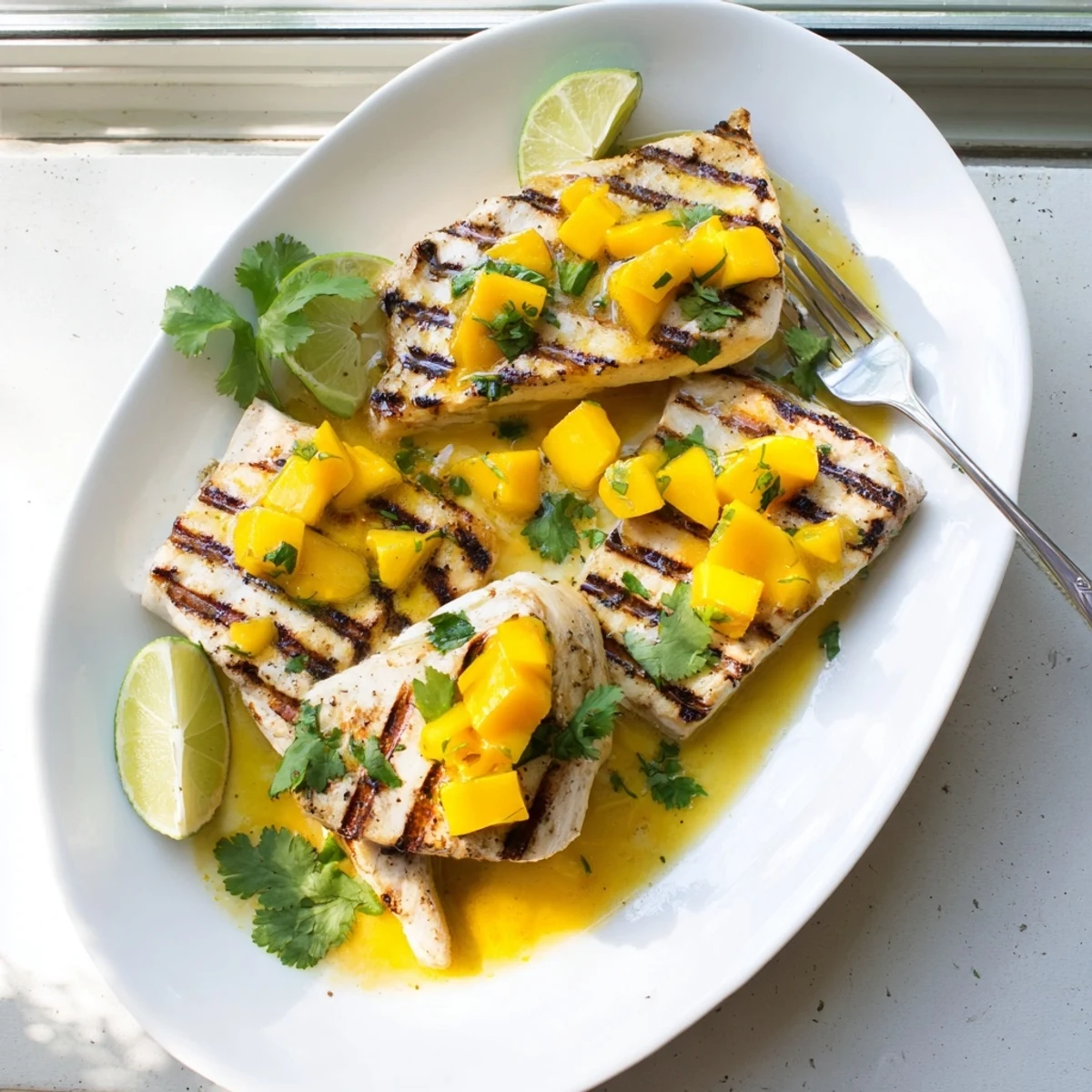 Grilled mahi mahi mango lime butter served with a drizzle of tropical sauce and fresh cilantro garnish on a white plate.