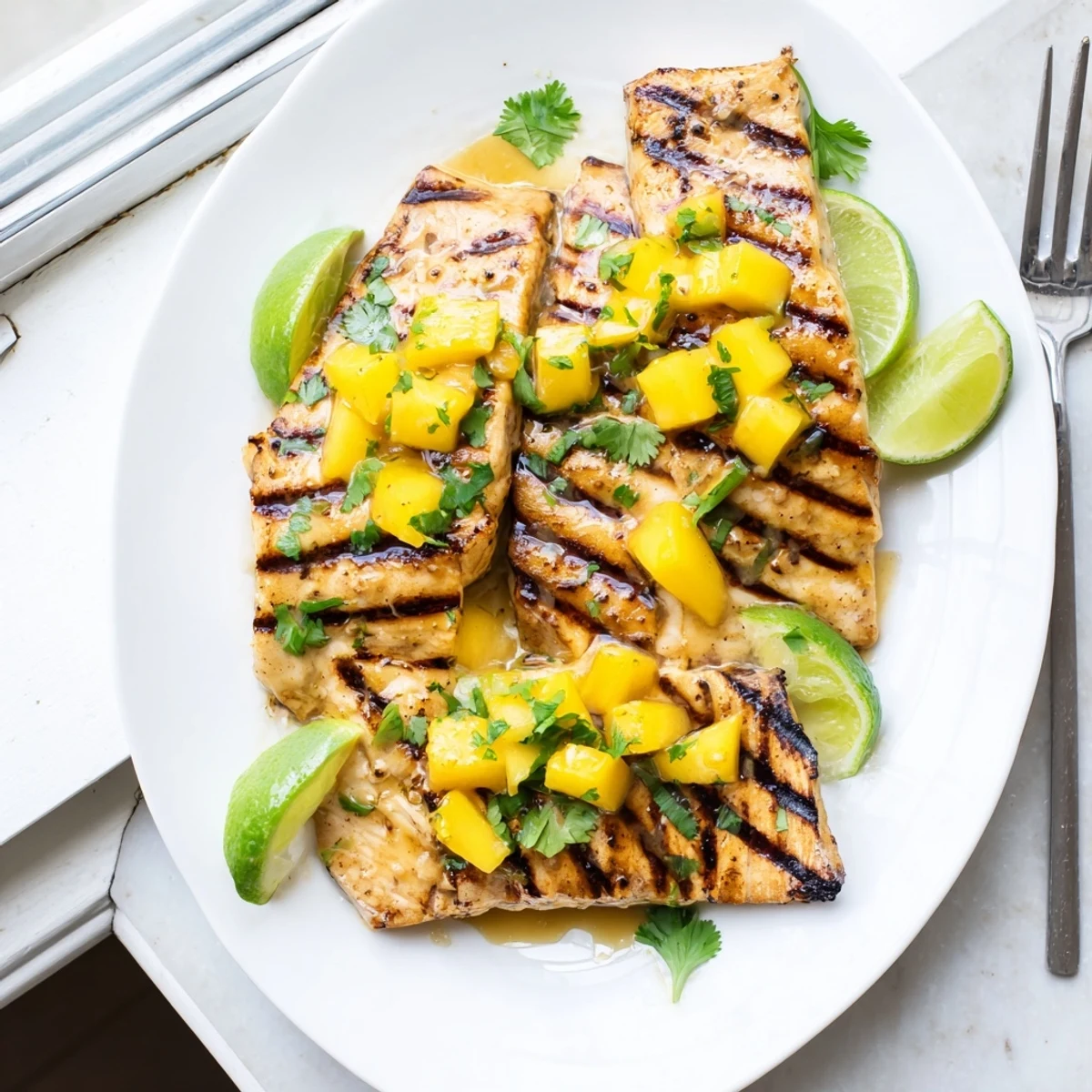 Succulent mahi mahi mango lime butter grilled seafood delight topped with creamy mango butter and fresh cilantro for summer dining.