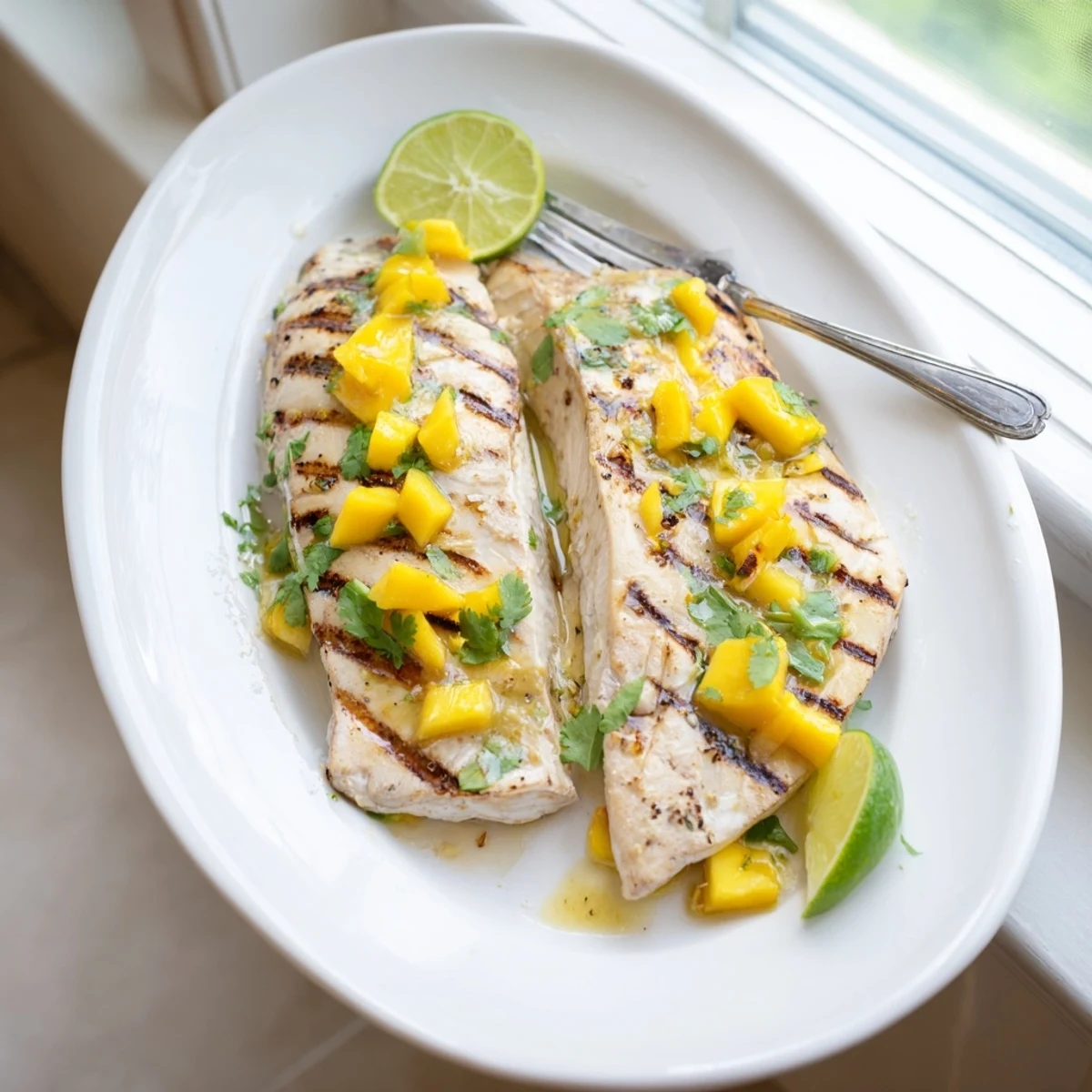 Mahi mahi mango lime butter grilled seafood delight features flaky fish with a vibrant mango sauce and lime wedges.