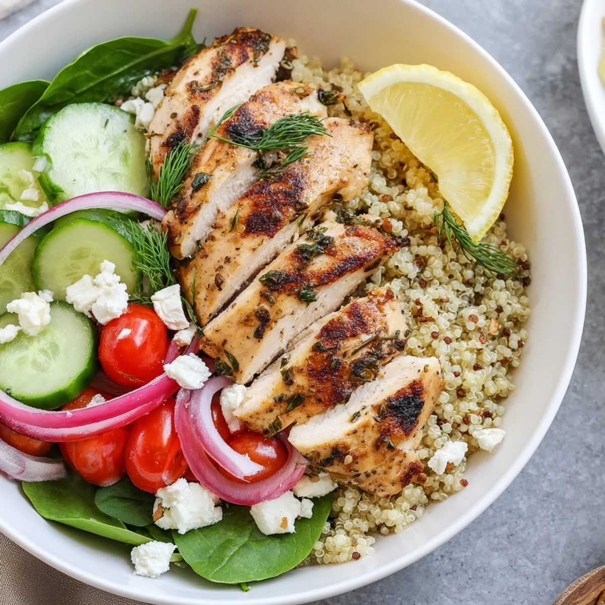 Juicy lemon herb grilled chicken sliced over fluffy quinoa with fresh tomatoes and spinach in a white bowl.
