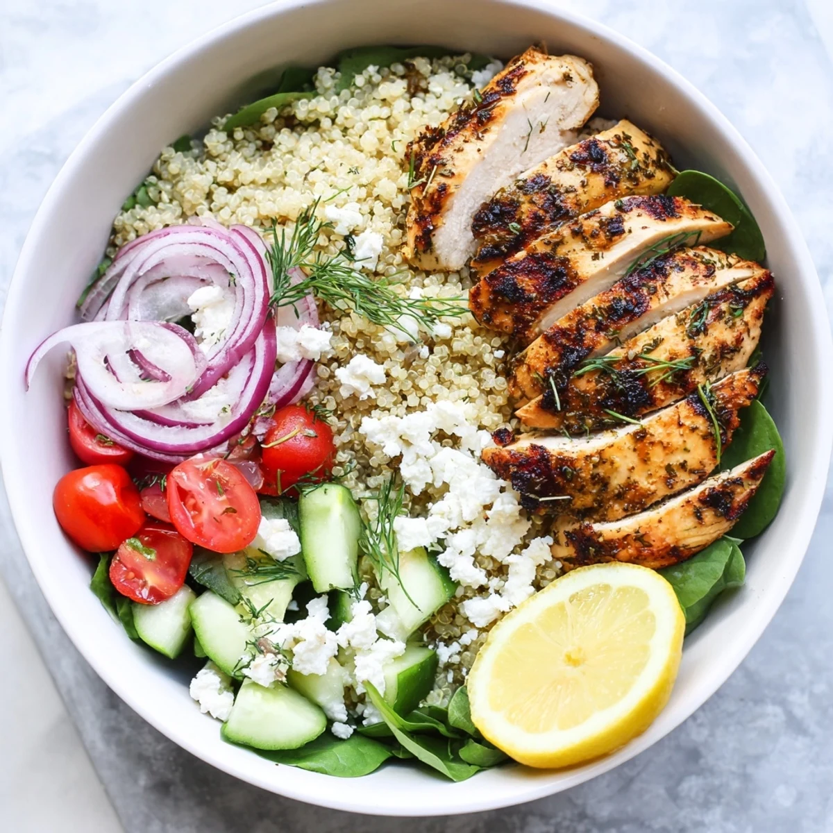 Crisp grilled chicken thighs with lemon herb marinade served over quinoa and colorful Mediterranean vegetables for a healthy meal.