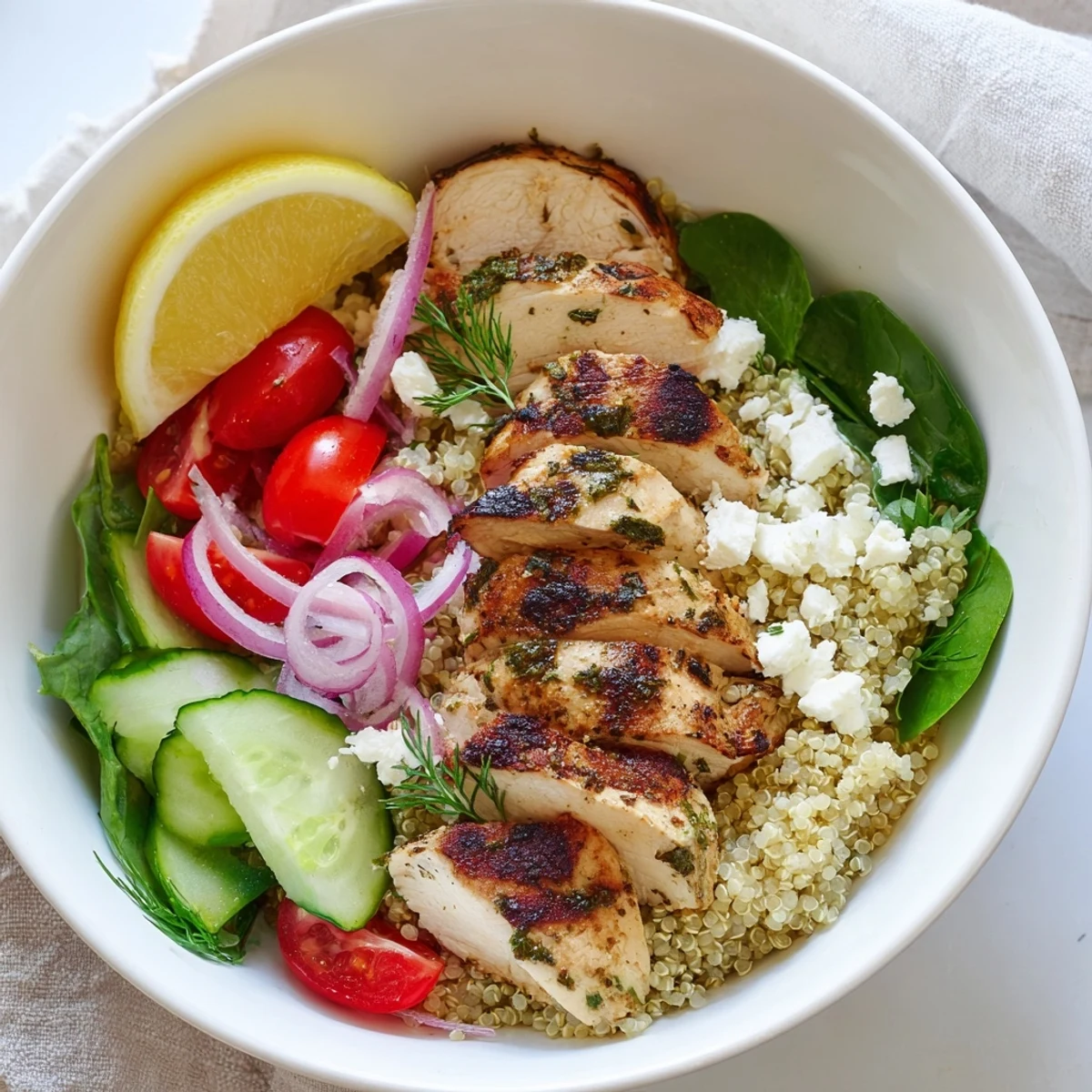 Freshly prepared Lemon Herb Grilled Chicken Quinoa Bowl topped with cucumber, red onion, and crumbled feta cheese.