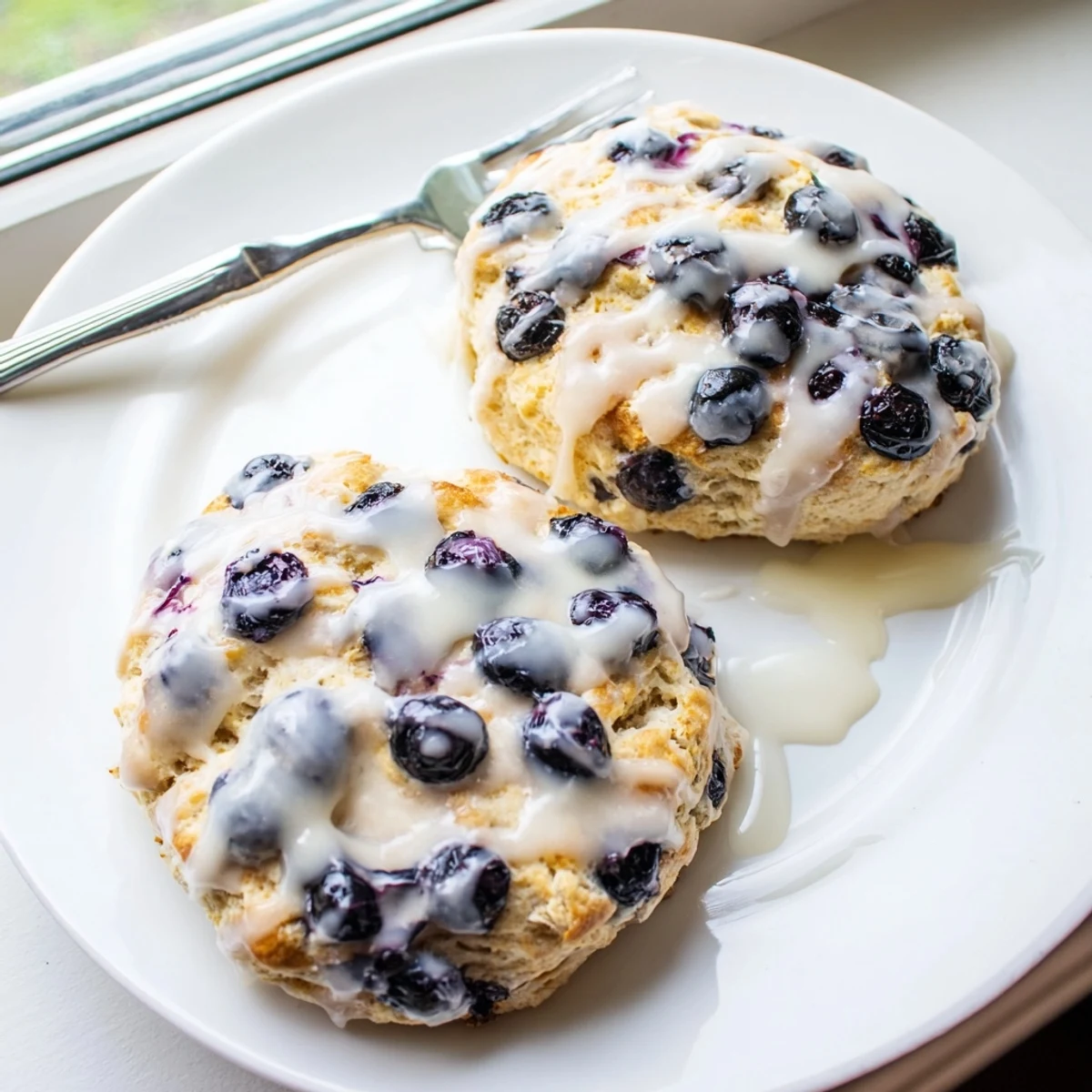 Warm, golden Nakishas Blueberry Biscuits fresh from the oven, topped with a sweet vanilla glaze.