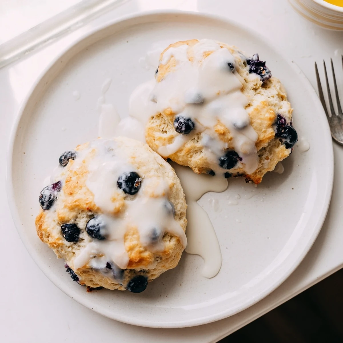 A close-up of fluffy Nakishas Blueberry Biscuits studded with juicy blueberries, ready to serve at brunch.