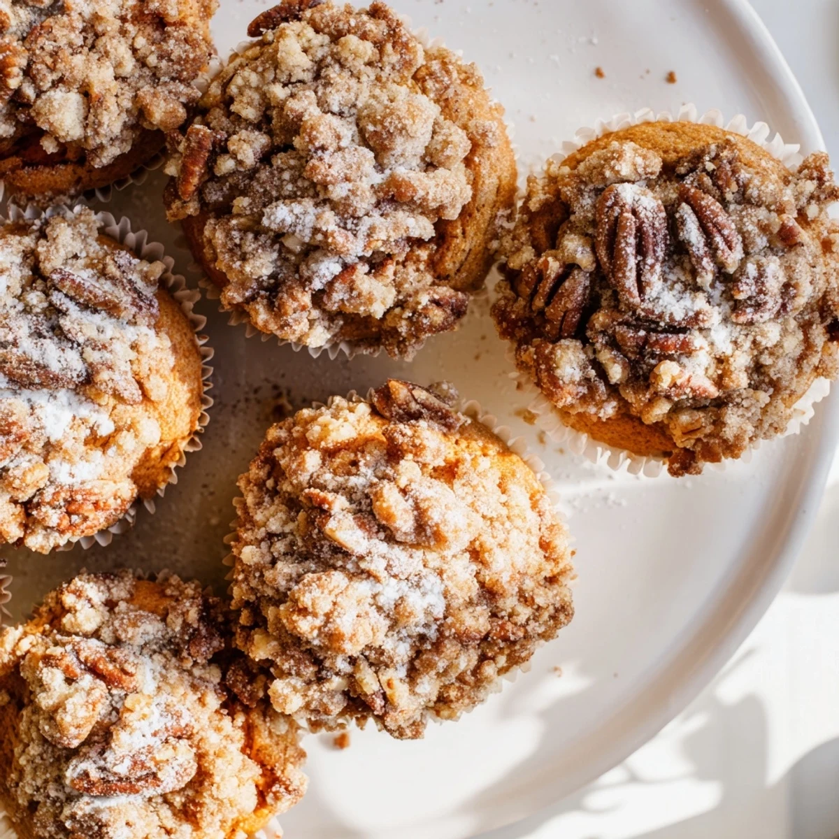 Freshly baked Cinnamon Muffins with Crunch Topping, showing golden-brown tops and a sparkling streusel, ready to enjoy with coffee.