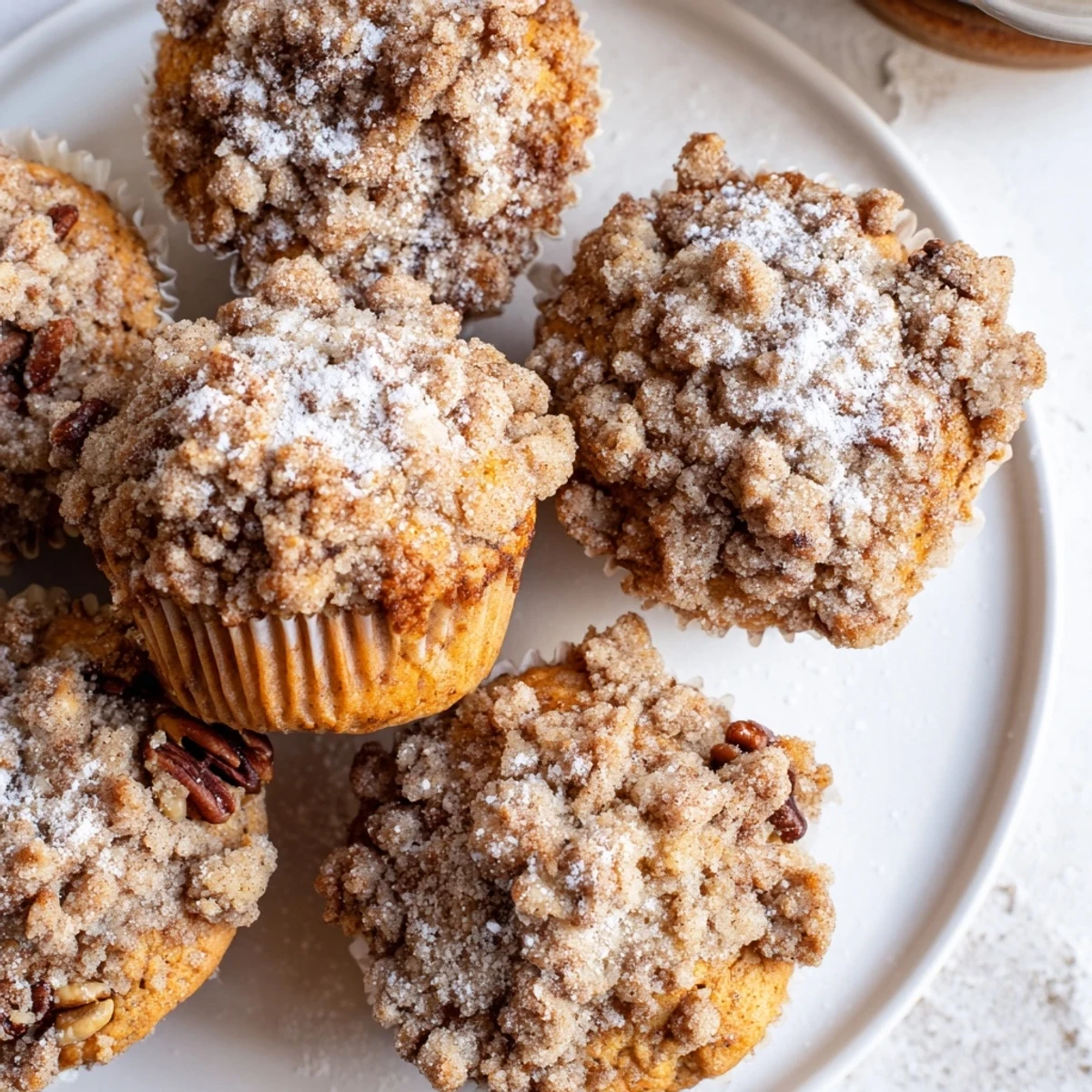 Golden Cinnamon Muffins with Crunch Topping paired with a cup of coffee, showcasing a crumbly streusel and soft interiors.