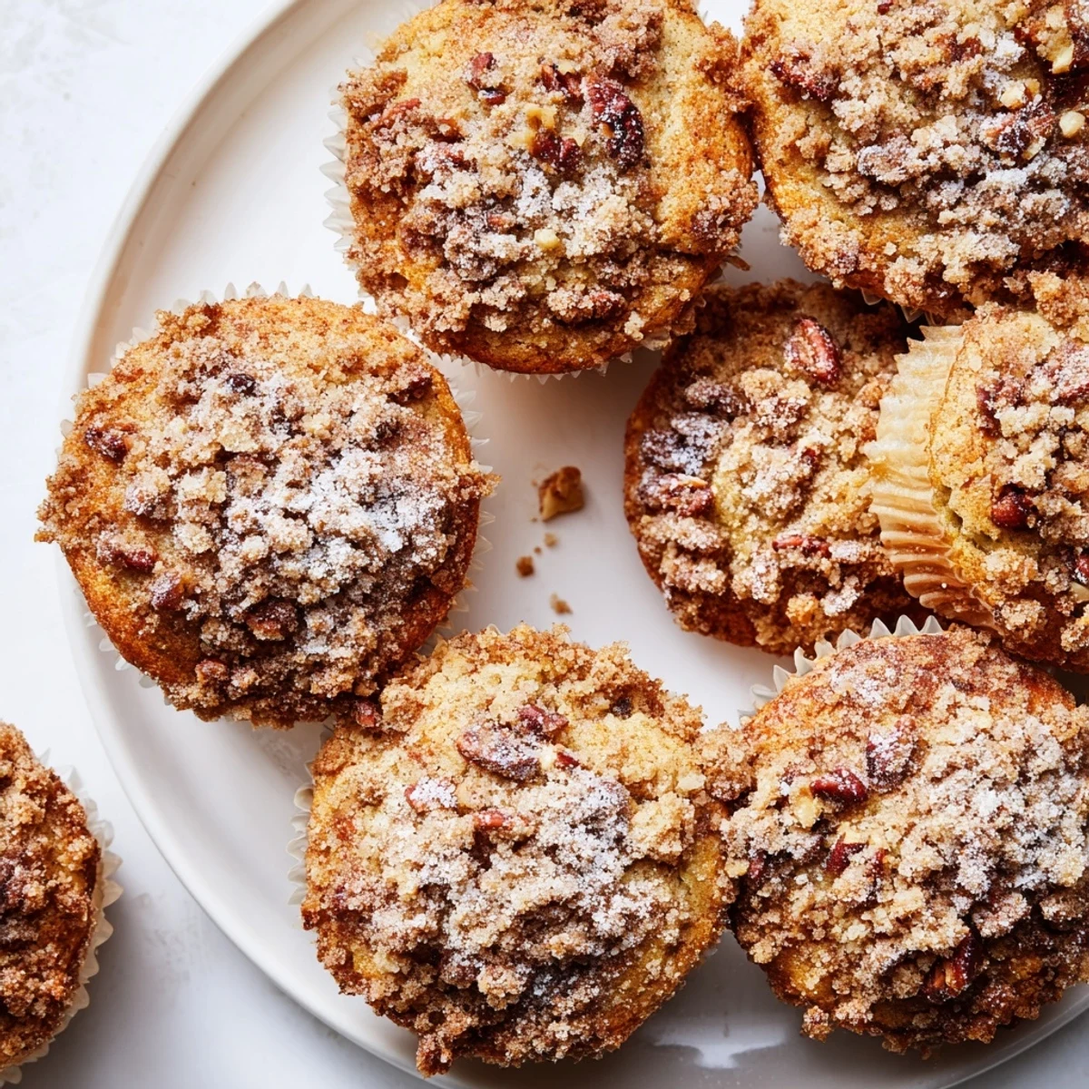 Moist Cinnamon Muffins with Crunch Topping displayed on a cooling rack, dusted with powdered sugar for a sweet breakfast treat.
