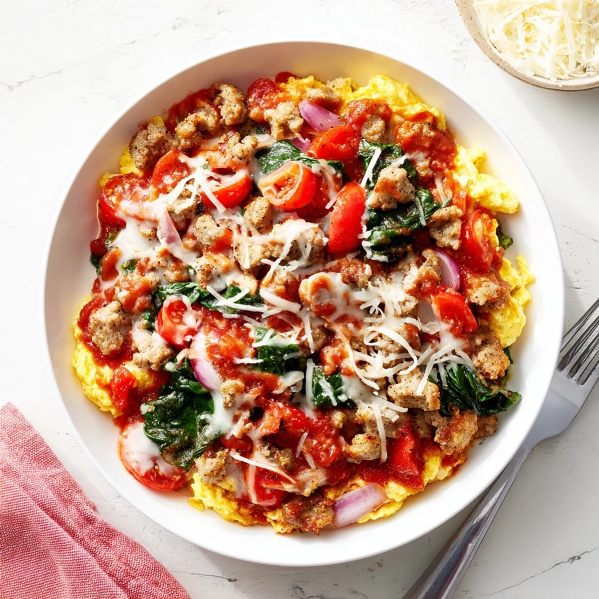 A close-up of the High Protein Breakfast Pizza Bowl Cheesy Delight, featuring fluffy eggs and melted mozzarella bubbling in a skillet.