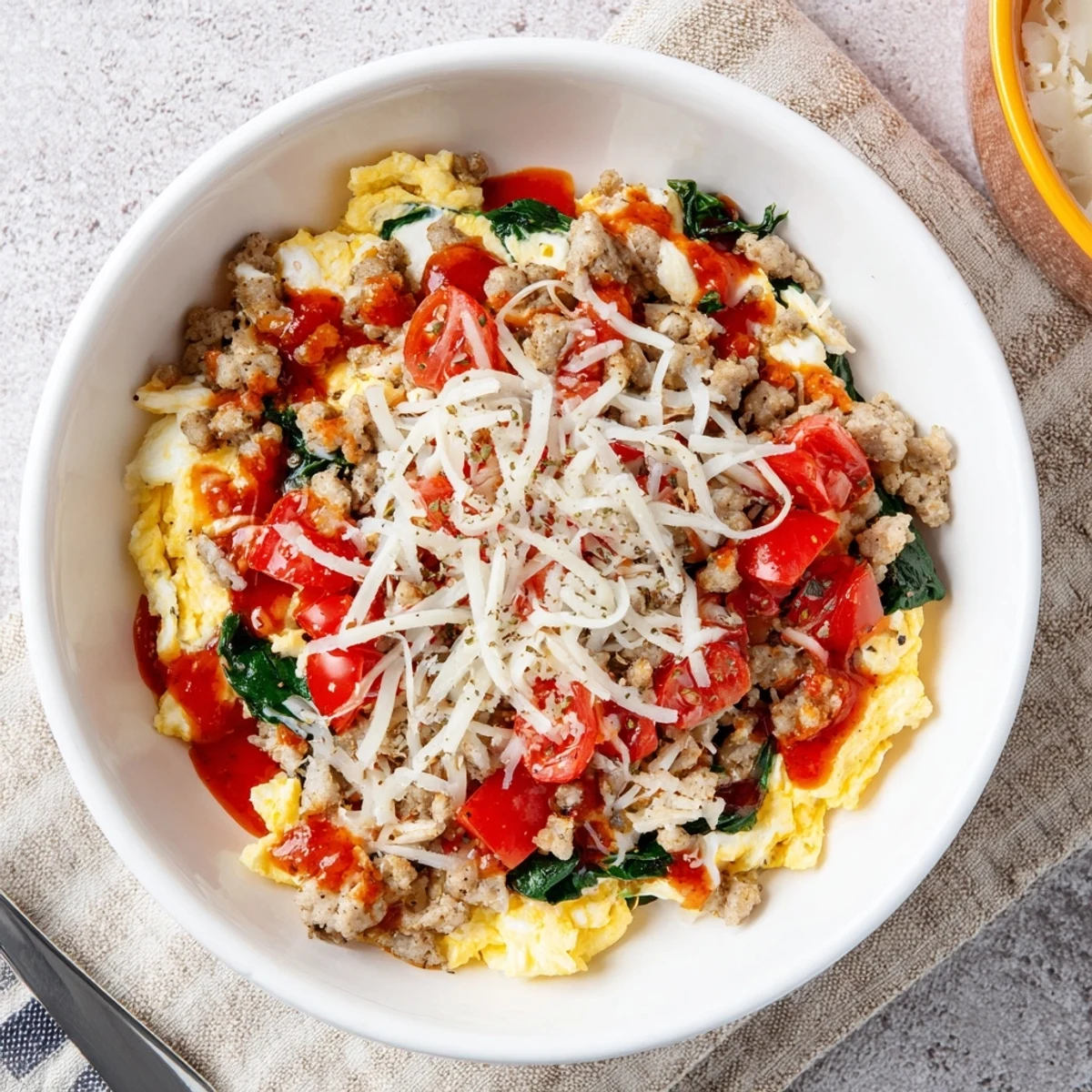 The High Protein Breakfast Pizza Bowl Cheesy Delight in a cast-iron pan, showcasing a colorful mix of spinach, tomatoes, and Parmesan.
