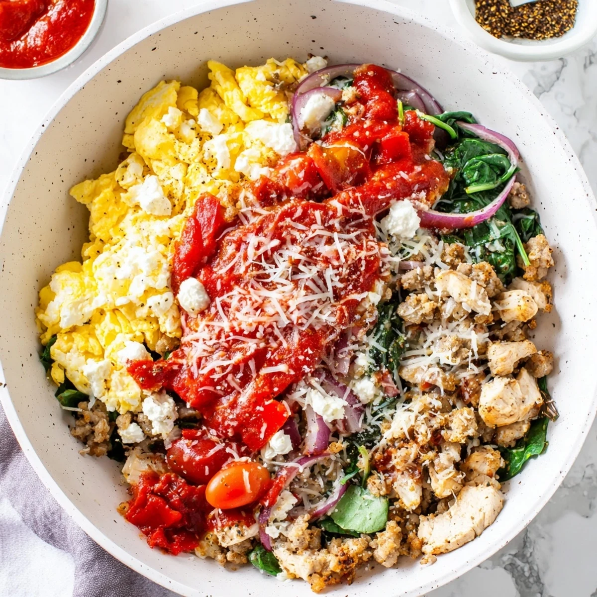 A hearty serving of the High Protein Breakfast Pizza Bowl Cheesy Delight, topped with diced chicken, peppers, and fresh basil leaves.