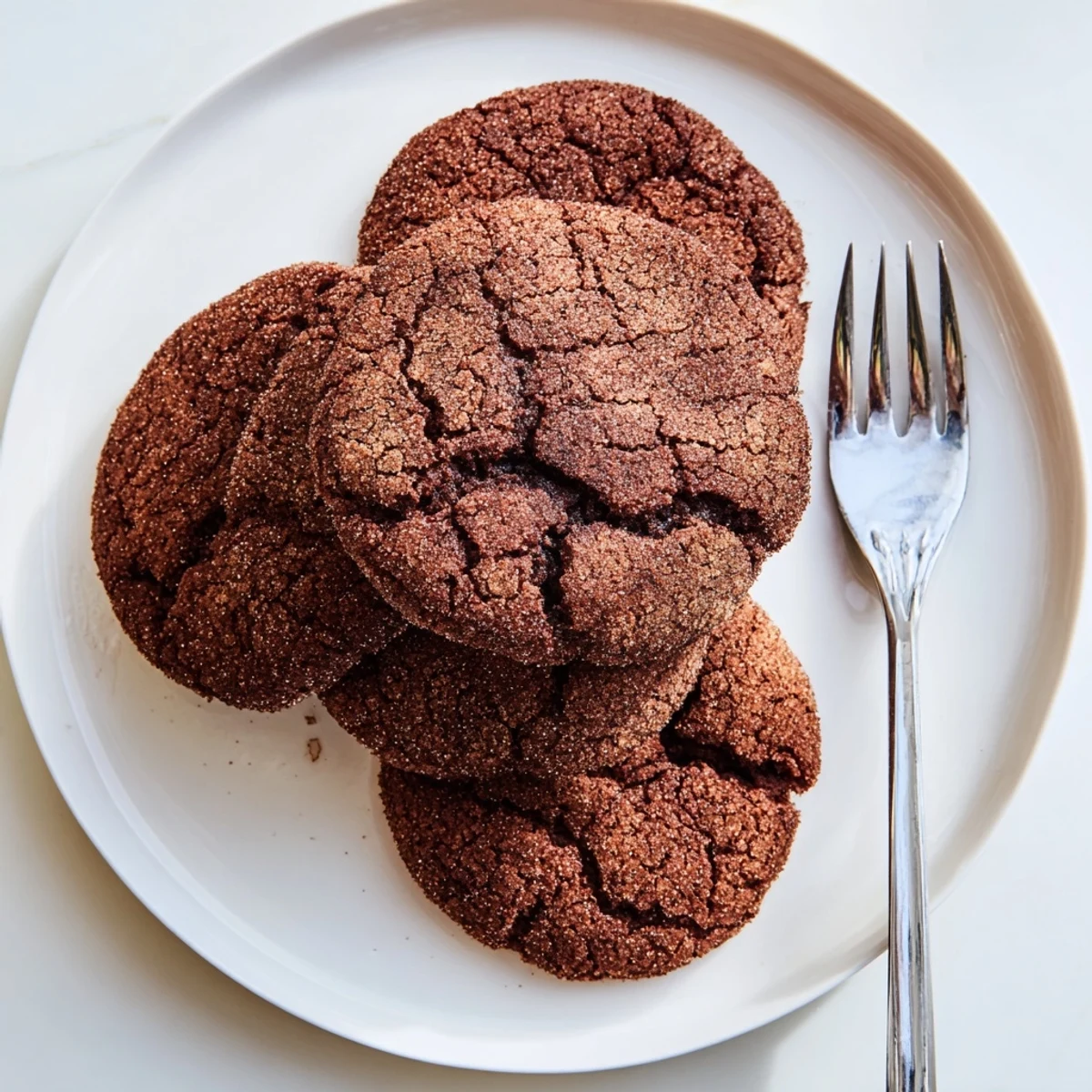 Freshly baked Chocolate Snickerdoodles rest on a wire cooling rack, showing crackled tops and a glossy cinnamon-sugar finish.