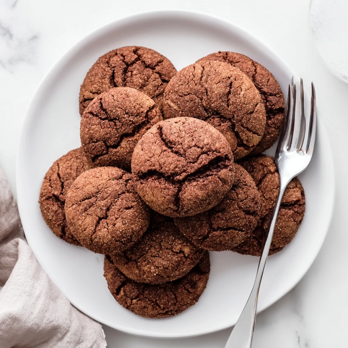 Warm Chocolate Snickerdoodles stacked on a plate, revealing soft centers and a dusting of sweet cinnamon sugar.