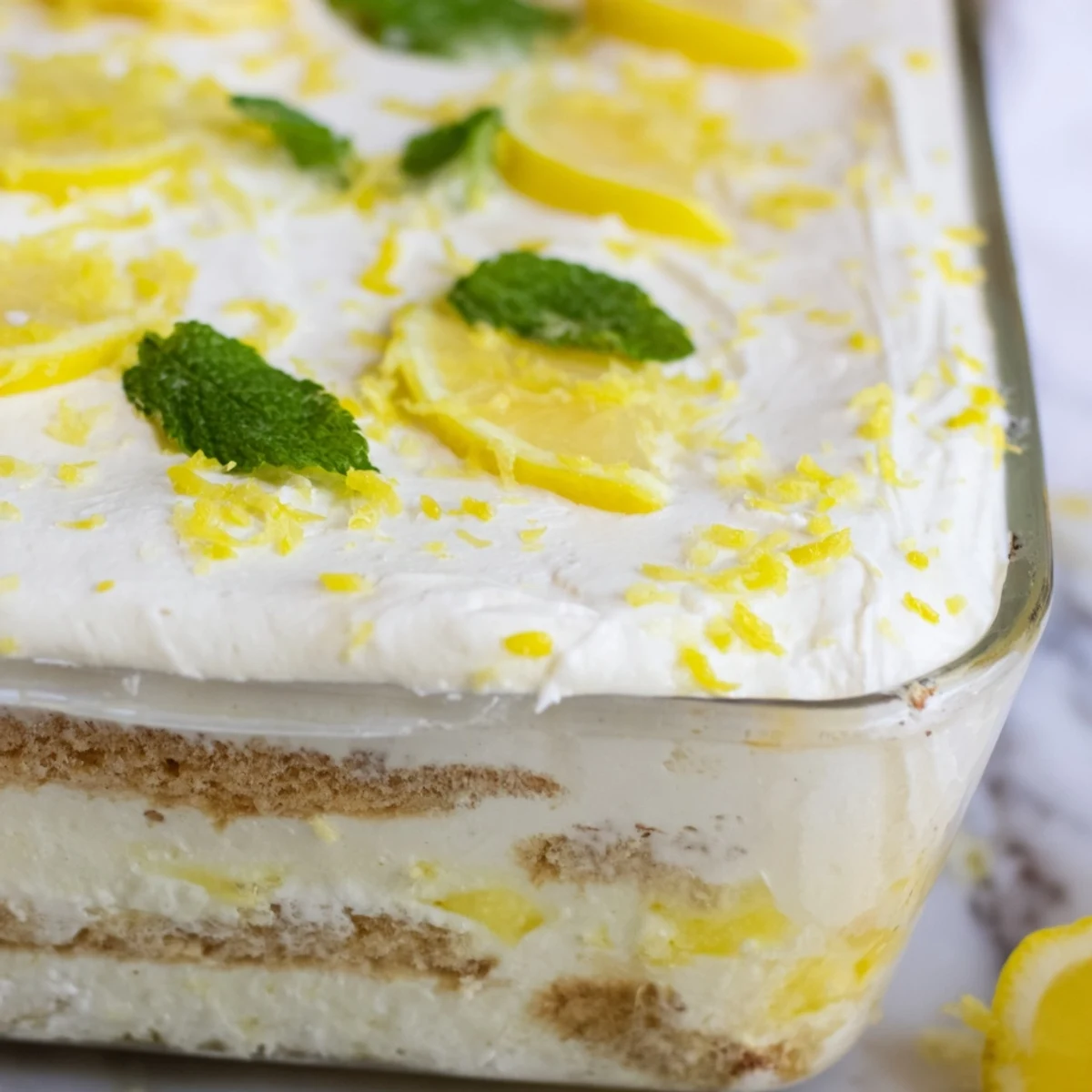 Close-up of layered Lemon Tiramisu in a glass dish, showcasing creamy lemon mascarpone and ladyfingers.