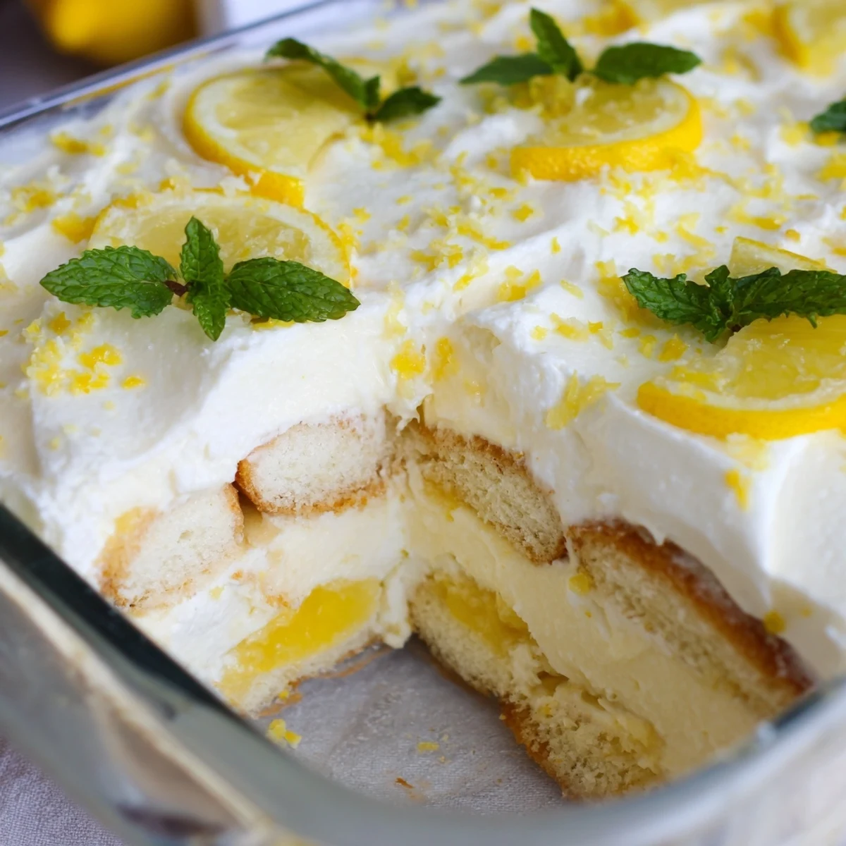 Bright Lemon Tiramisu dessert served in a square pan with fresh lemon slices and mint garnish.