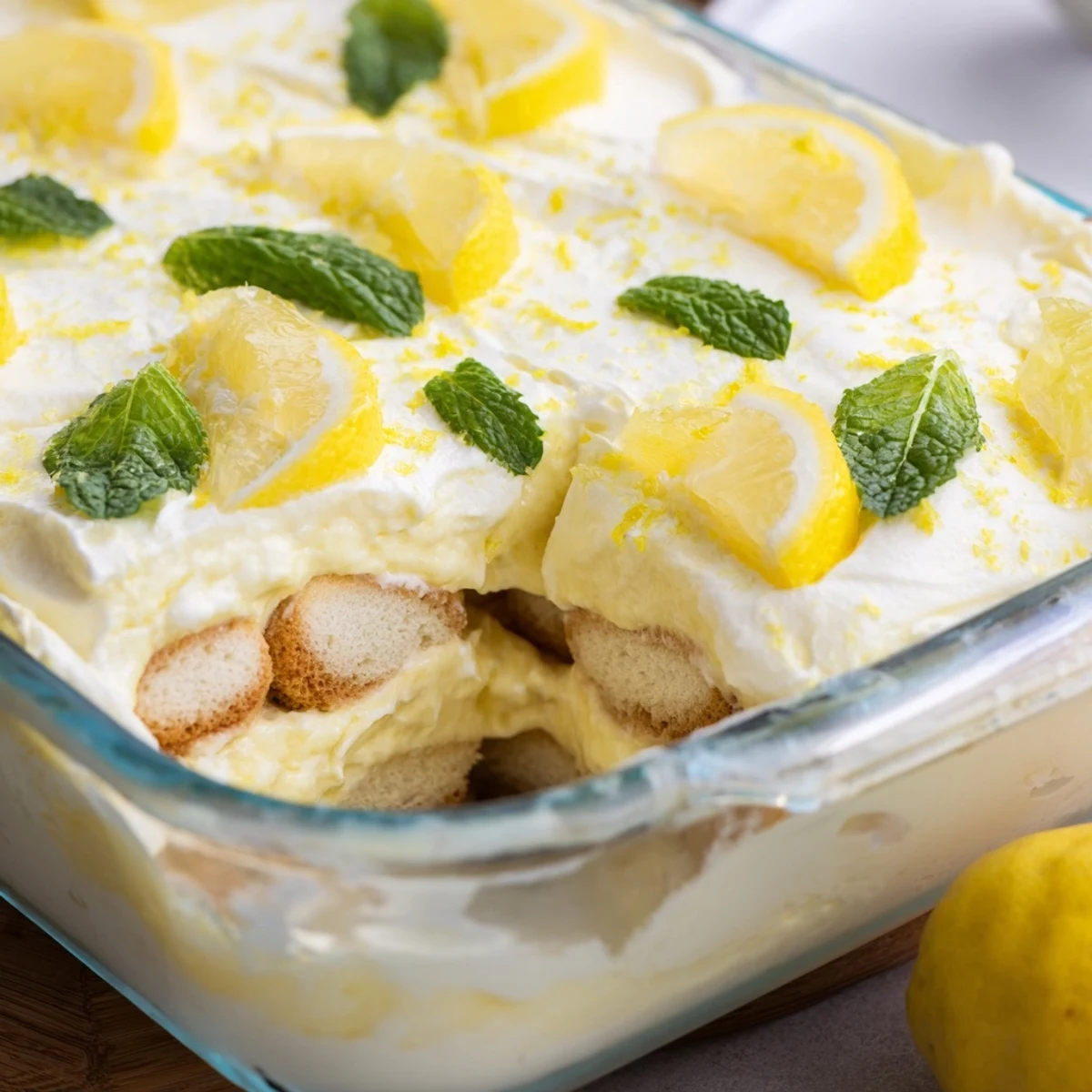 Overhead view of Lemon Tiramisu with textured cream layers and soaked ladyfingers for a refreshing Italian treat.