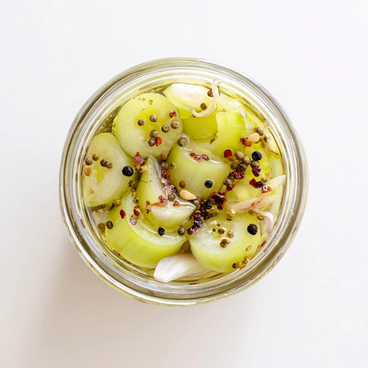 Thinly sliced Quick Pickled Celery rests in a clear brine with shallots, perfect for adding a crunchy, vinegary bite to your favorite sandwiches.