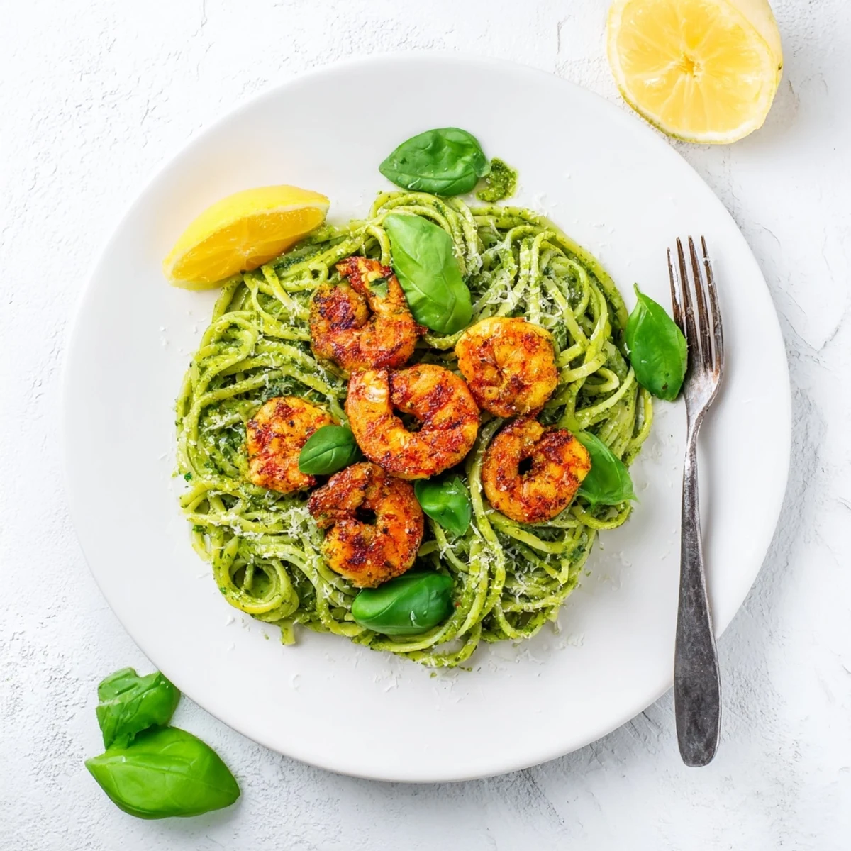 Linguine pasta tossed with fresh green pesto is stacked with pink grilled shrimp and topped with Parmesan.