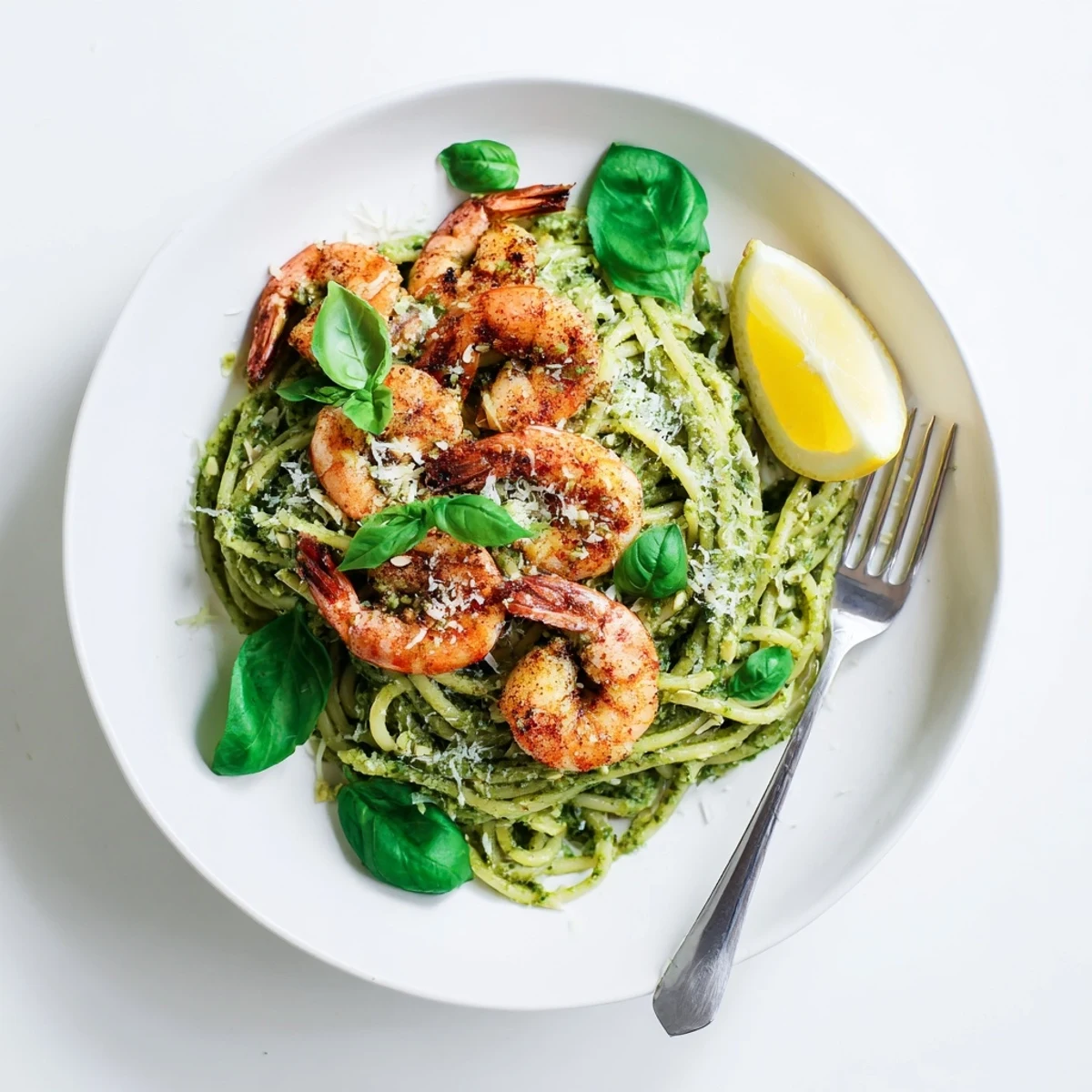 An elegant pesto pasta stack features al dente noodles, vibrant basil sauce, and charred shrimp with olive oil drizzle.