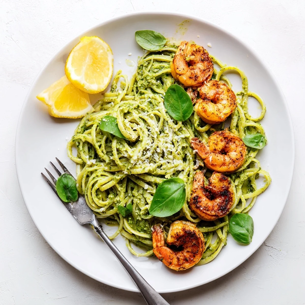 Succulent grilled shrimp rest atop a twirl of pesto pasta on a white plate with lemon wedges.