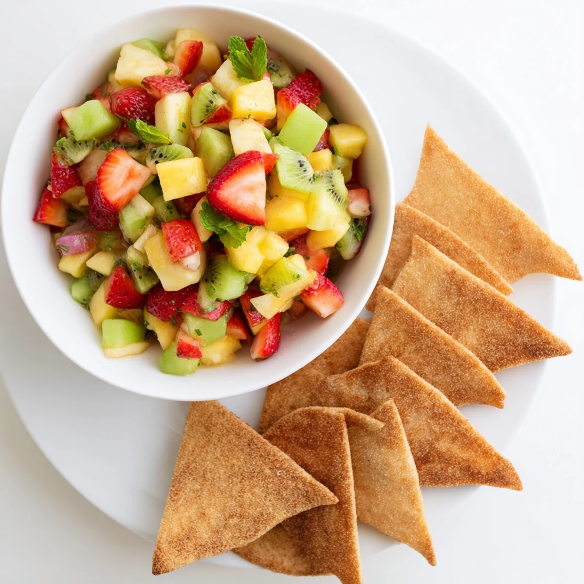 A close-up view of a colorful Fruit Salsa With Cinnamon Sugar Tortilla Chips, featuring mango and pineapple chunks and golden crispy chips ready for dipping.