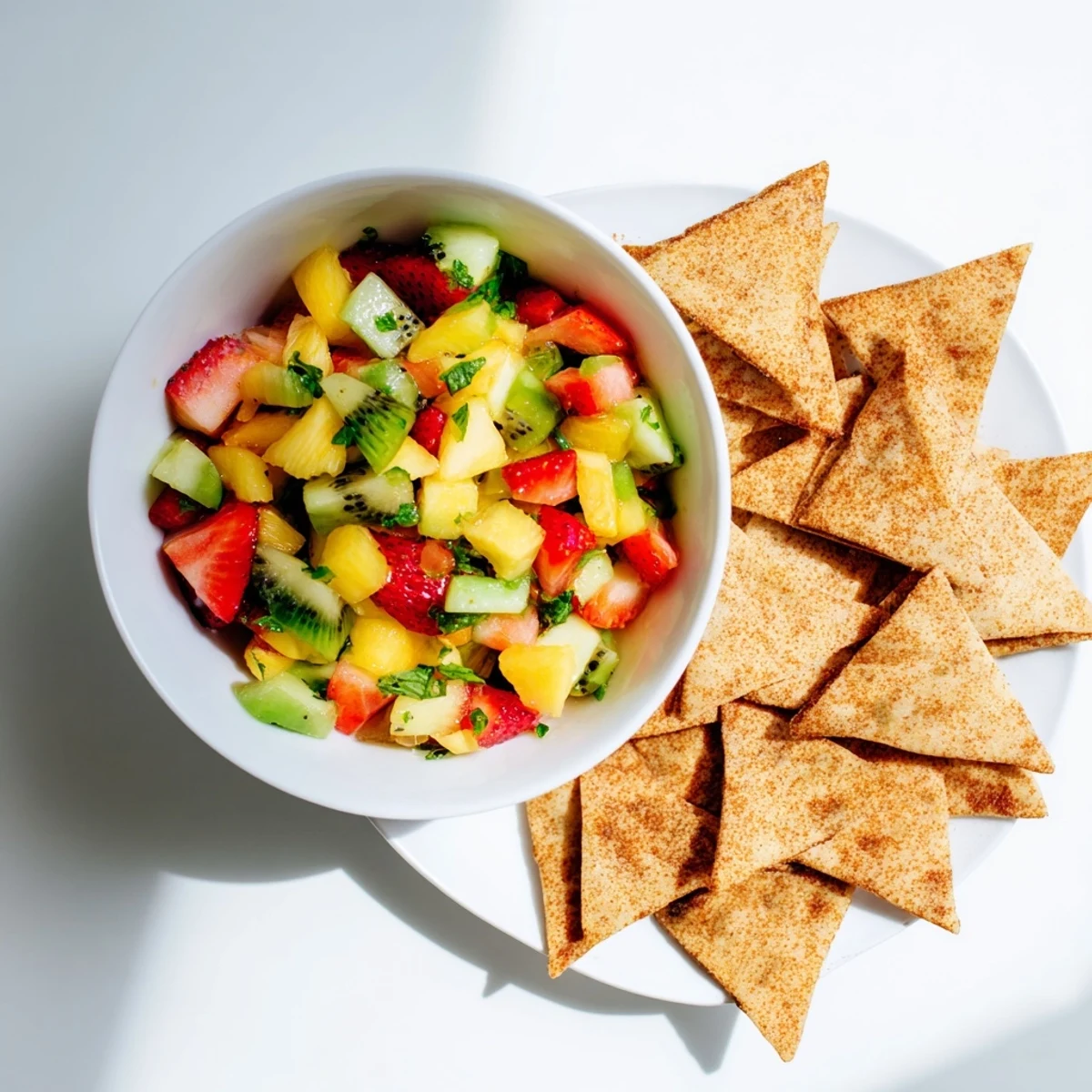 A serving of Fruit Salsa With Cinnamon Sugar Tortilla Chips, where the sweet fruit mixture is scooped onto a glistening cinnamon-dusted chip.