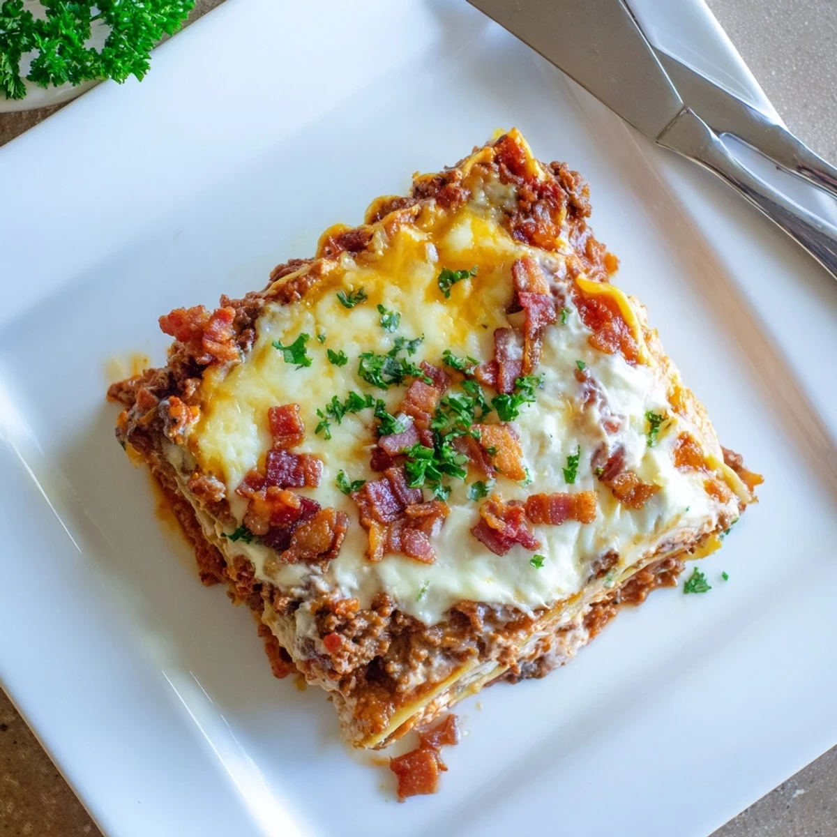 Layered noodles and beef fill the pan for the savory Lasagna Meets Cheeseburger Parmesan Garlic Bacon Style.