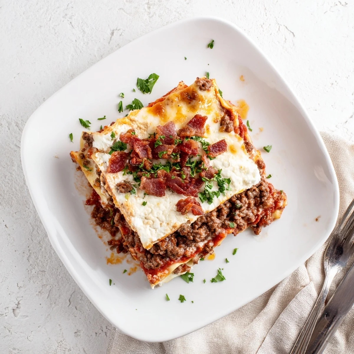 Rich parmesan garlic sauce drips over the golden Lasagna Meets Cheeseburger Parmesan Garlic Bacon Style.