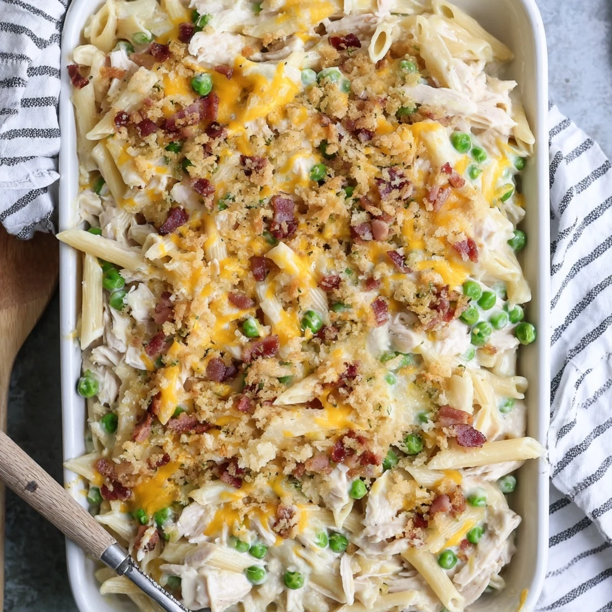 A golden-bubbly Crazy Good Casserole emerges from the oven, packed with chicken, bacon, and pasta for a comforting meal. 