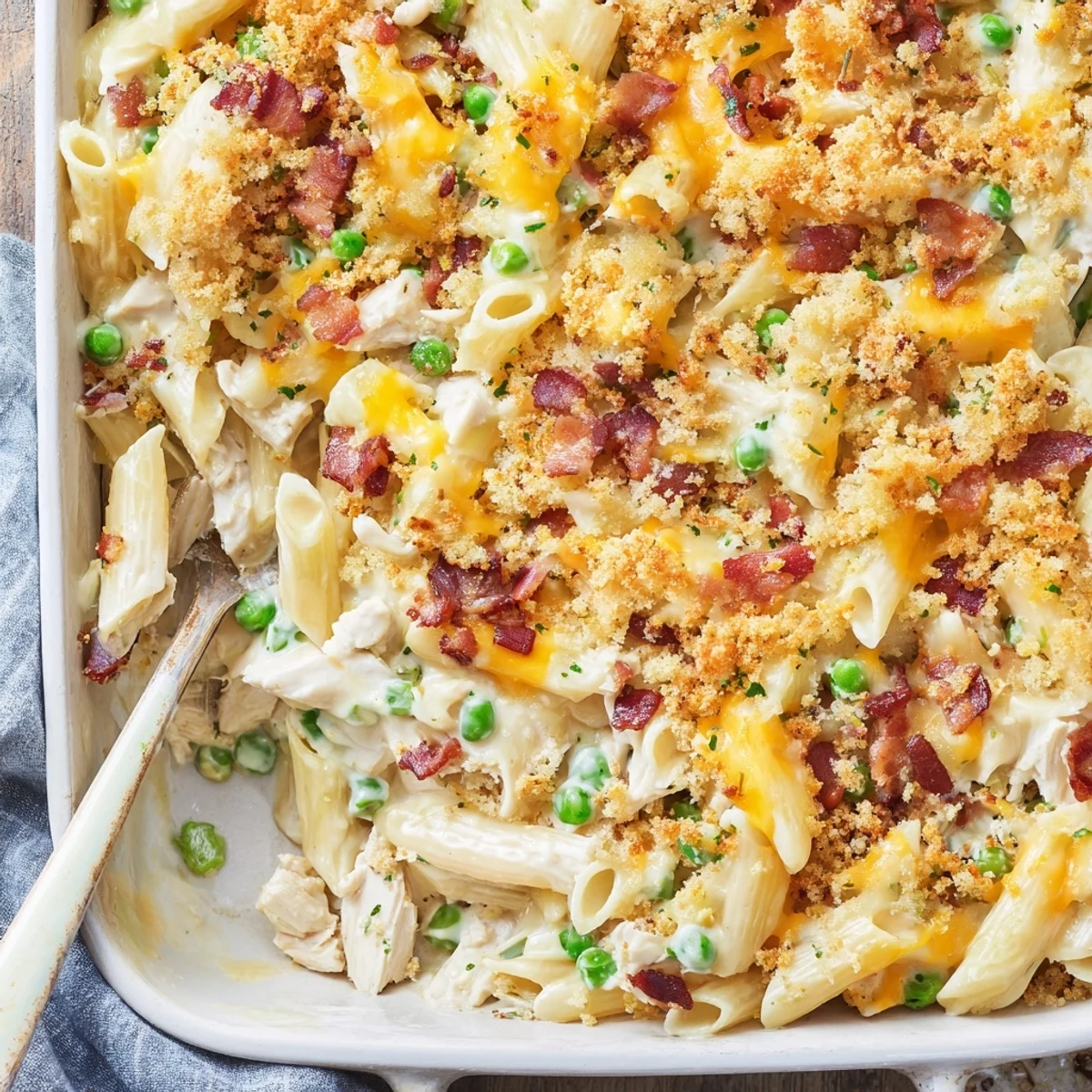 Serve the Crazy Good Casserole steaming hot from the baking dish, highlighting its savory golden top and rich texture.