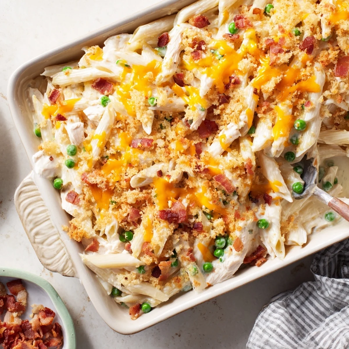 The Crazy Good Casserole features a creamy, cheesy top crust with visible crumbled bacon and tender chicken pieces. 