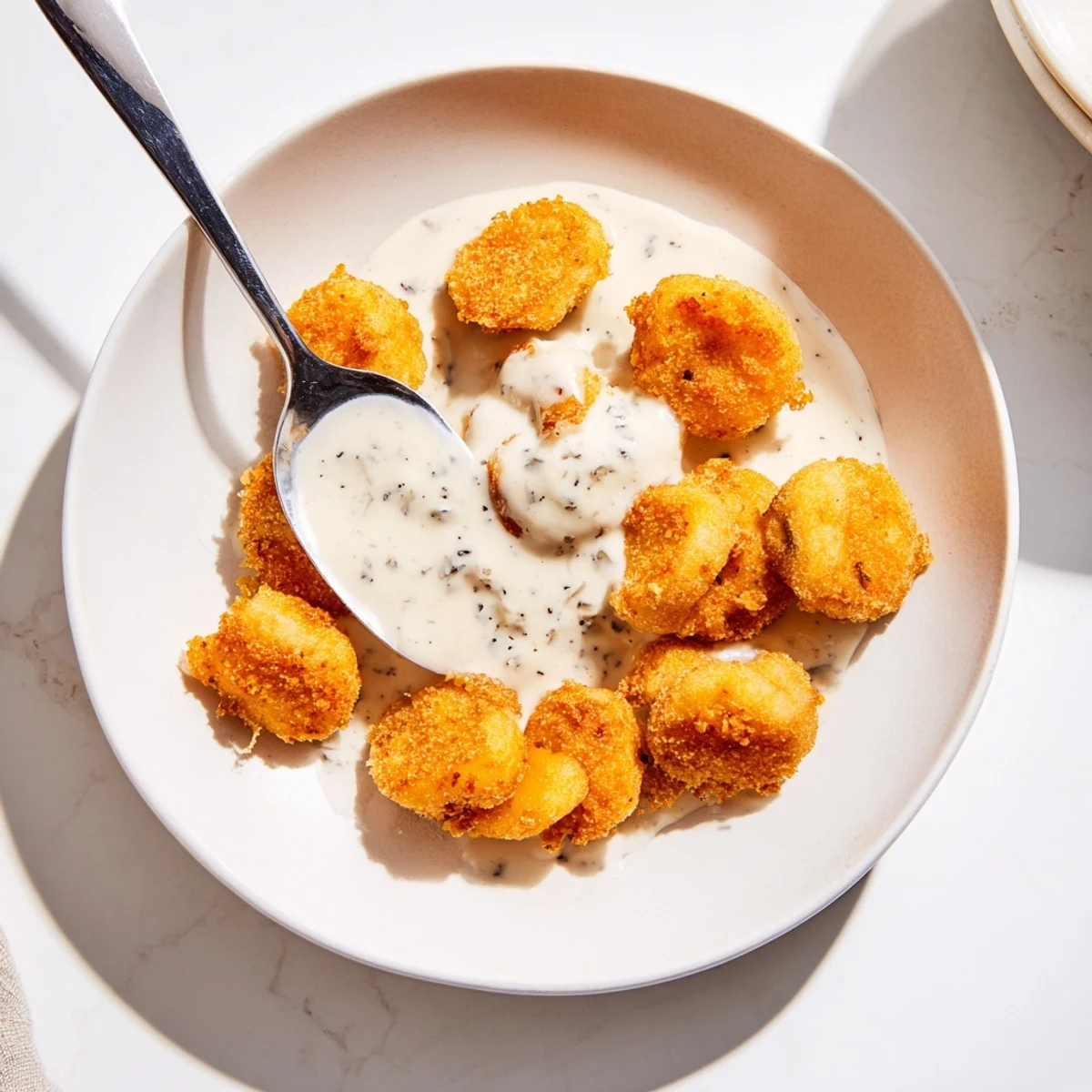 Golden fried Chicken Fried Mushrooms with creamy peppery gravy poured over, served on a rustic plate.
