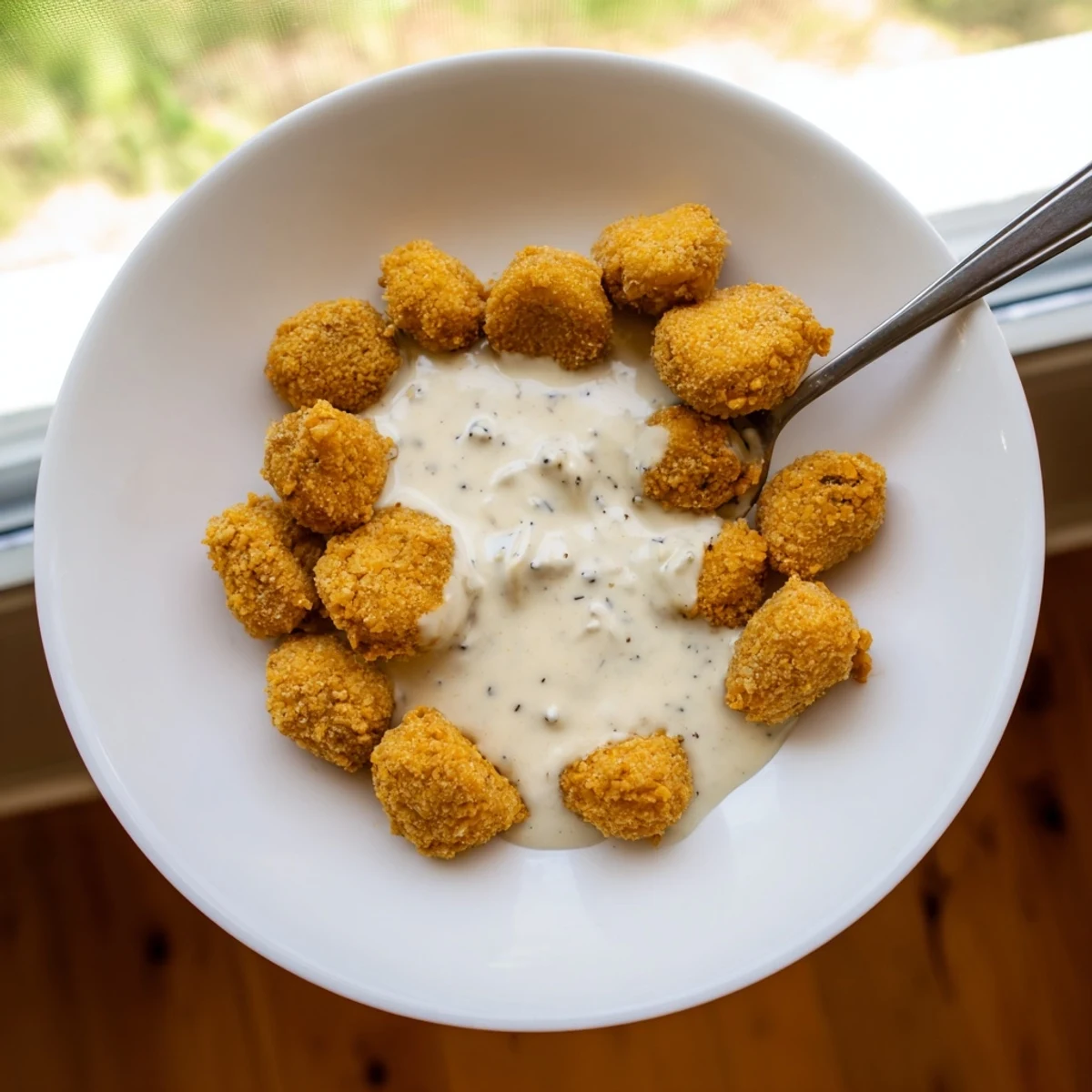 Crispy battered Chicken Fried Mushrooms arranged beside a small bowl of rich gravy, ready to eat.