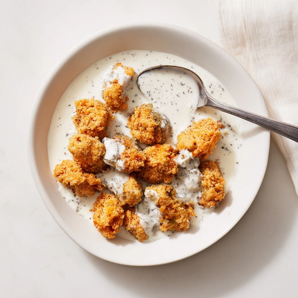 Close up of Chicken Fried Mushrooms with golden breading and a drizzle of warm peppery gravy.