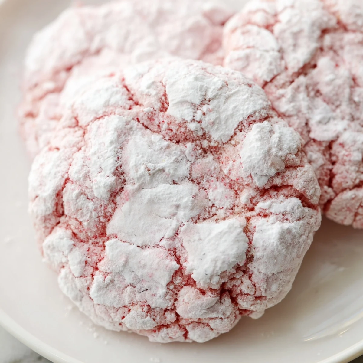 Freshly baked Easy 5 Ingredient Strawberry Crinkle Cookies on a white plate with scattered fresh strawberries.