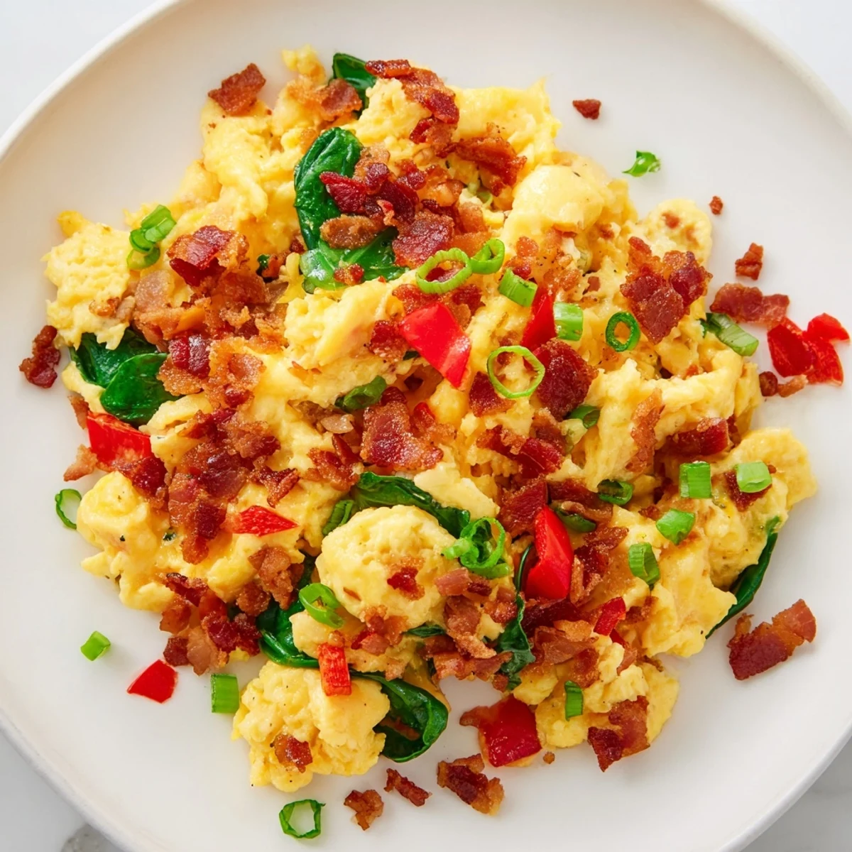 A close-up of Loaded Scrambled Eggs with fluffy texture, melted cheddar, crispy bacon bits, and sautéed bell peppers and spinach in a skillet.