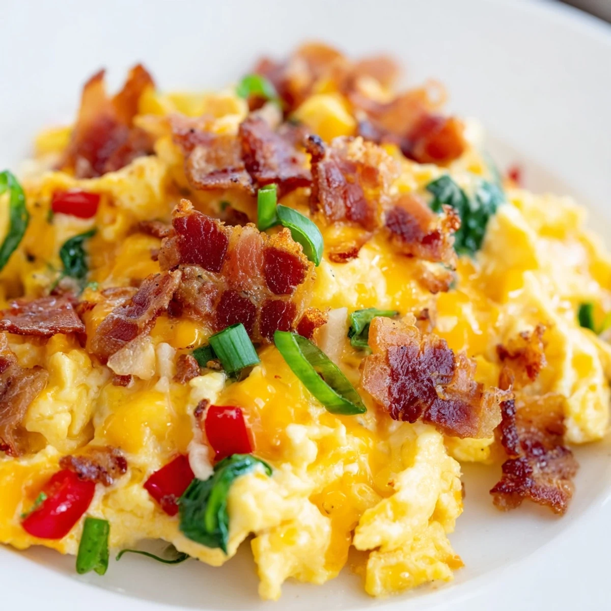 Loaded Scrambled Eggs with golden, moist eggs, red bell peppers, and spinach, garnished with green onions and served alongside toast for a complete meal.