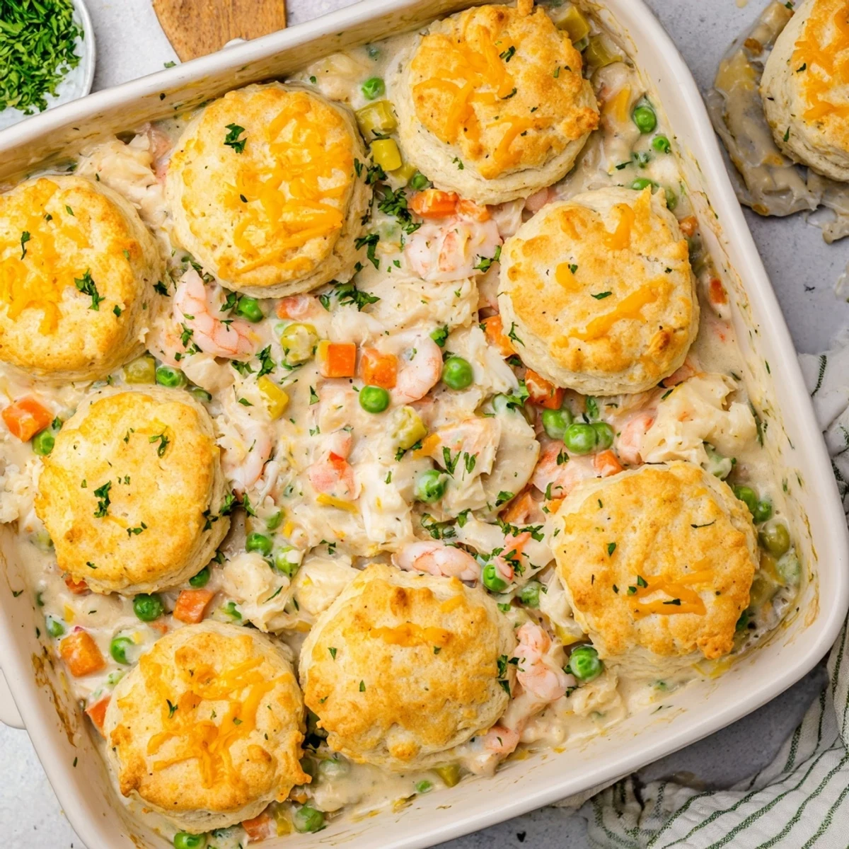 Golden, flaky Cheddar Bay biscuit topping covers a creamy seafood pot pie filled with shrimp, crab, and peas in a rich sauce.