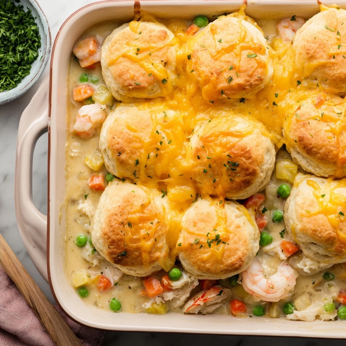 Steam rises from this homemade seafood pot pie, topped with buttery Cheddar Bay biscuits, paired with a glass of white wine.